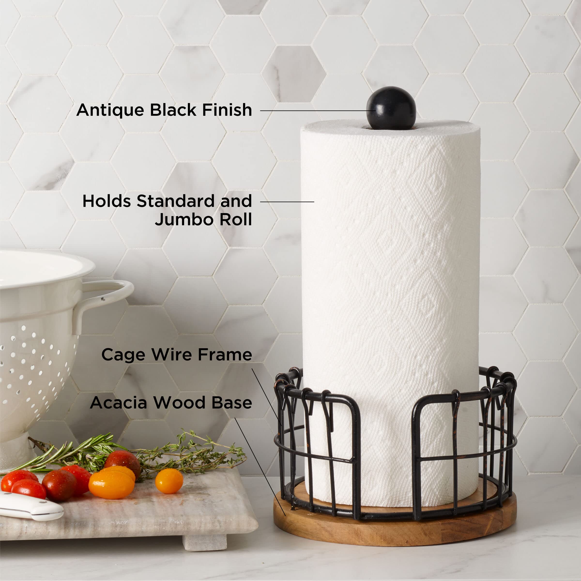Pfaltzgraff Anvil 13.25-Inch Antique Black Wire & Acacia Wood Paper Towel Holder - Rustic Kitchen Decor for Countertop, Farmhouse & Modern Homes