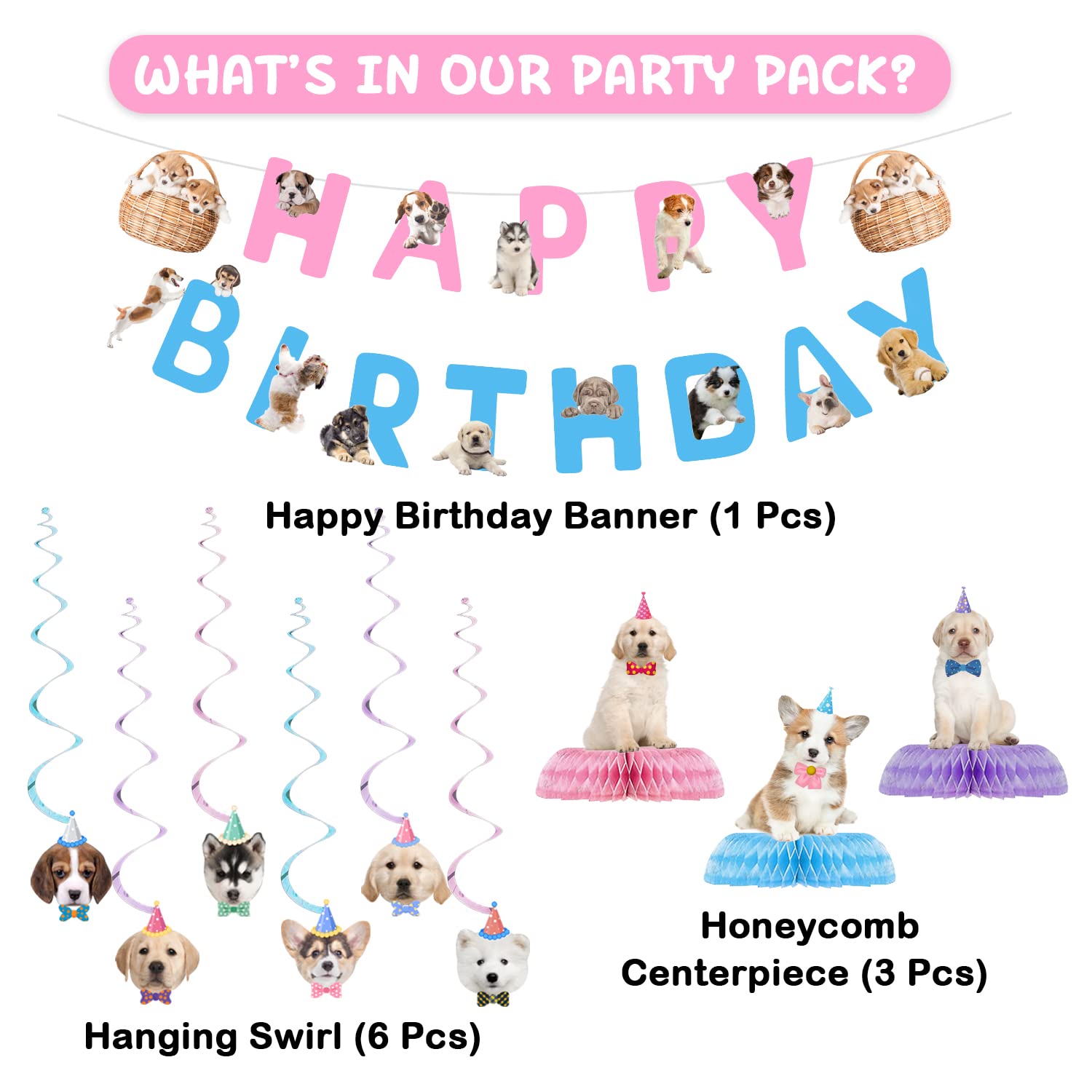 16 Pcs Dog Birthday Party Supplies Set - Includes Happy Birthday Banner, 6 Hanging Cutouts, 6 Swirl Decorations & 3 Honeycomb Centerpieces for Puppy Themed Party | Perfect for Dog Birthday Celebrations, Pet Adoption Events & Puppy Shower Decorations