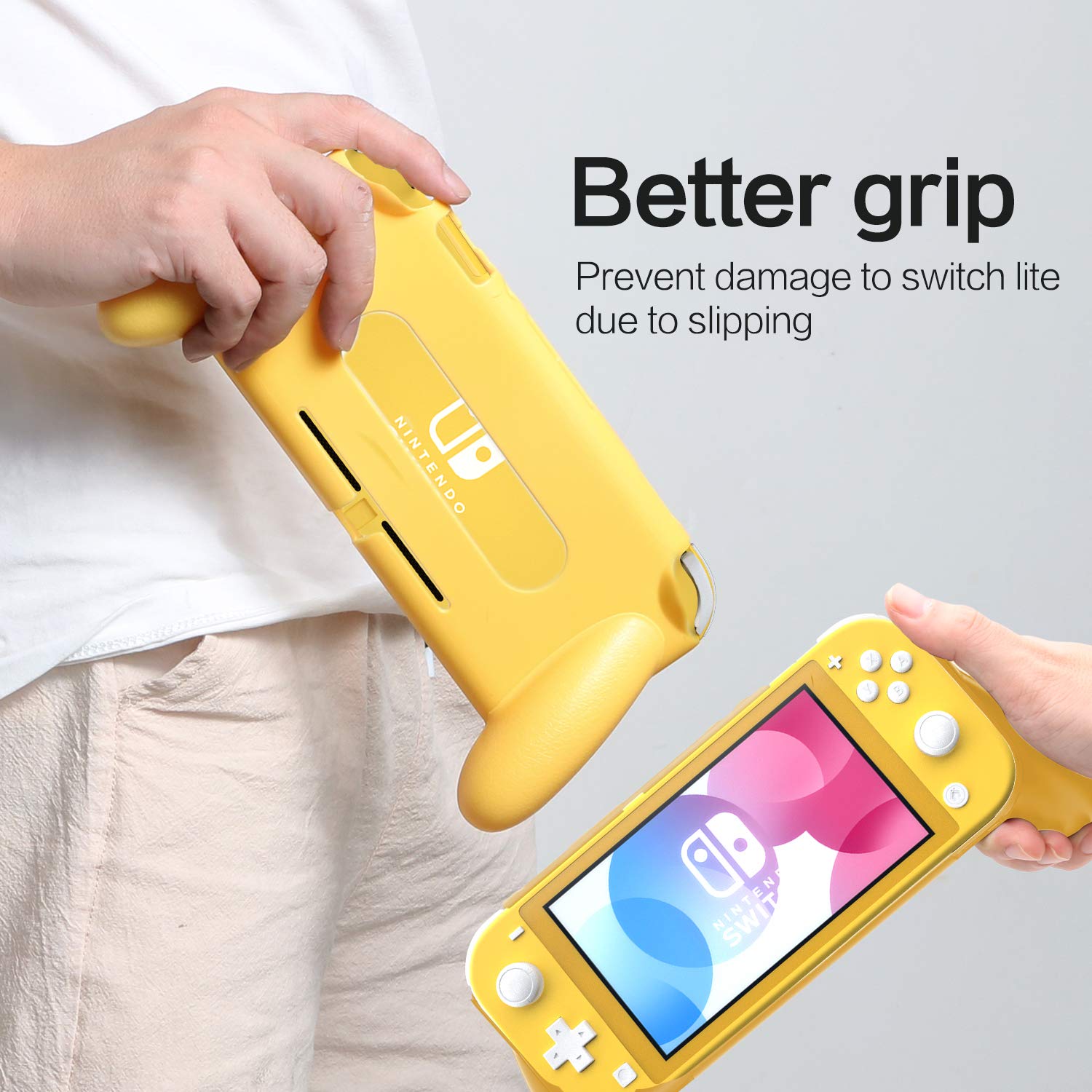 HEATFUN 任天堂Switch Lite手柄握把 - 舒适人体工学设计，黄色游戏手柄配件，提升Switch Lite游戏体验，适合长时间游戏和旅行娱乐