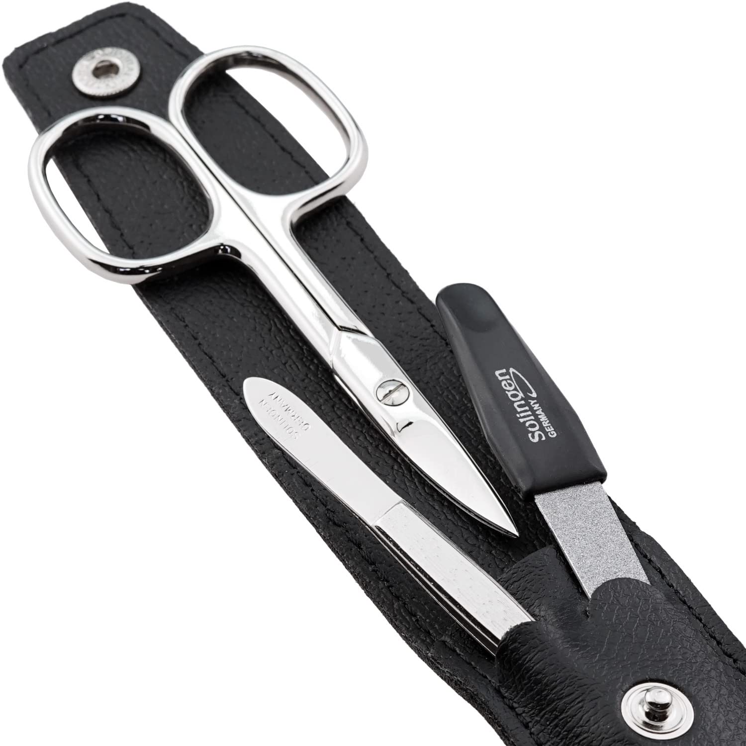 Premium Travel Manicure Kit for Women & Men - 3-Piece German Stainless Steel Grooming Set (Nail Scissors, Tweezers, Nail File) from Solingen - Compact Portable Nail Care Essentials for Home, Office, Travel & Gifts - Made in Europe (Black)