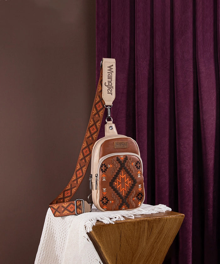 Wrangler Aztec Embroidered Whipstitch Sling Bag - Stylish Crossbody Purse for Women, Men | Perfect for Travel, Hiking & Everyday Use