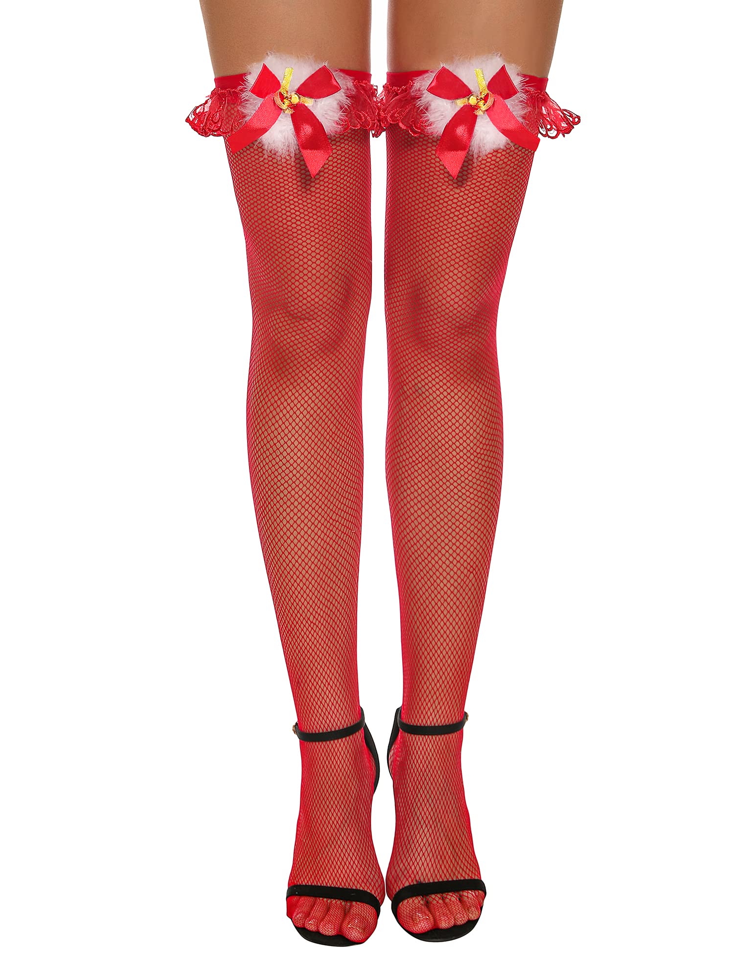 RSLOVE Women's Sexy Santa Christmas Thigh High Stockings - Red Fishnet Lingerie Hosiery & Pantyhose for Holiday Parties, Cosplay & Festive Outfits