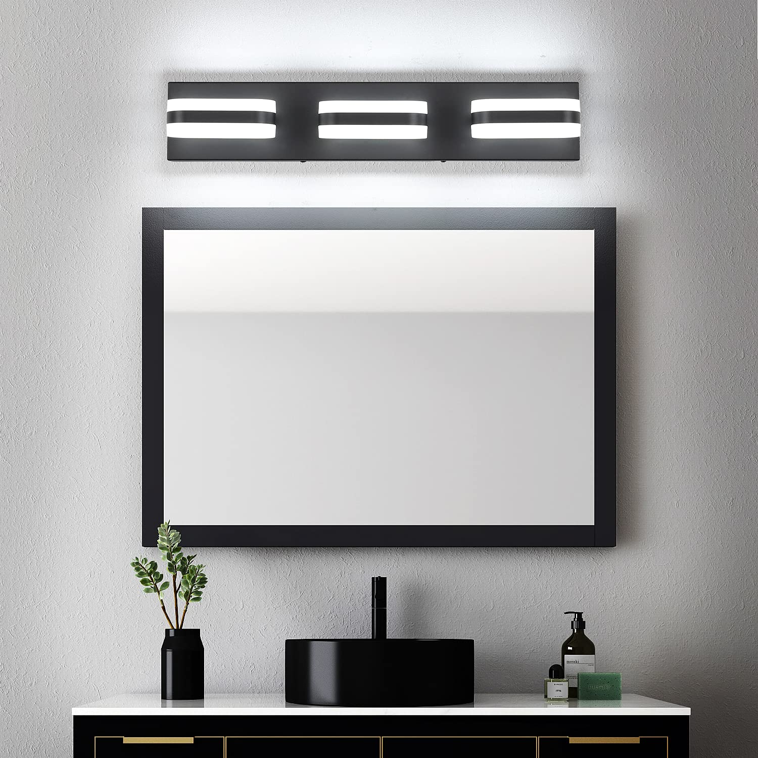 PRESDE 3-Light Modern Black Dimmable LED Bathroom Vanity Light Fixture - Over Mirror Wall Lighting (Cool White 6000K) for Bathroom, Powder Room & Dressing Area