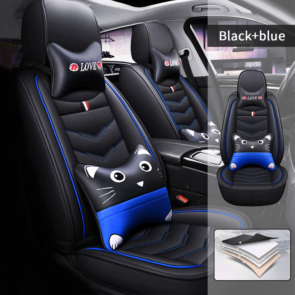 Hyundai Kona 5-Seat Full Set Car Seat Covers - Cartoon Headrests & Lumbar Support Leather Protector (Black/Blue) | Perfect for Daily Commute, Road Trips & Family Protection
