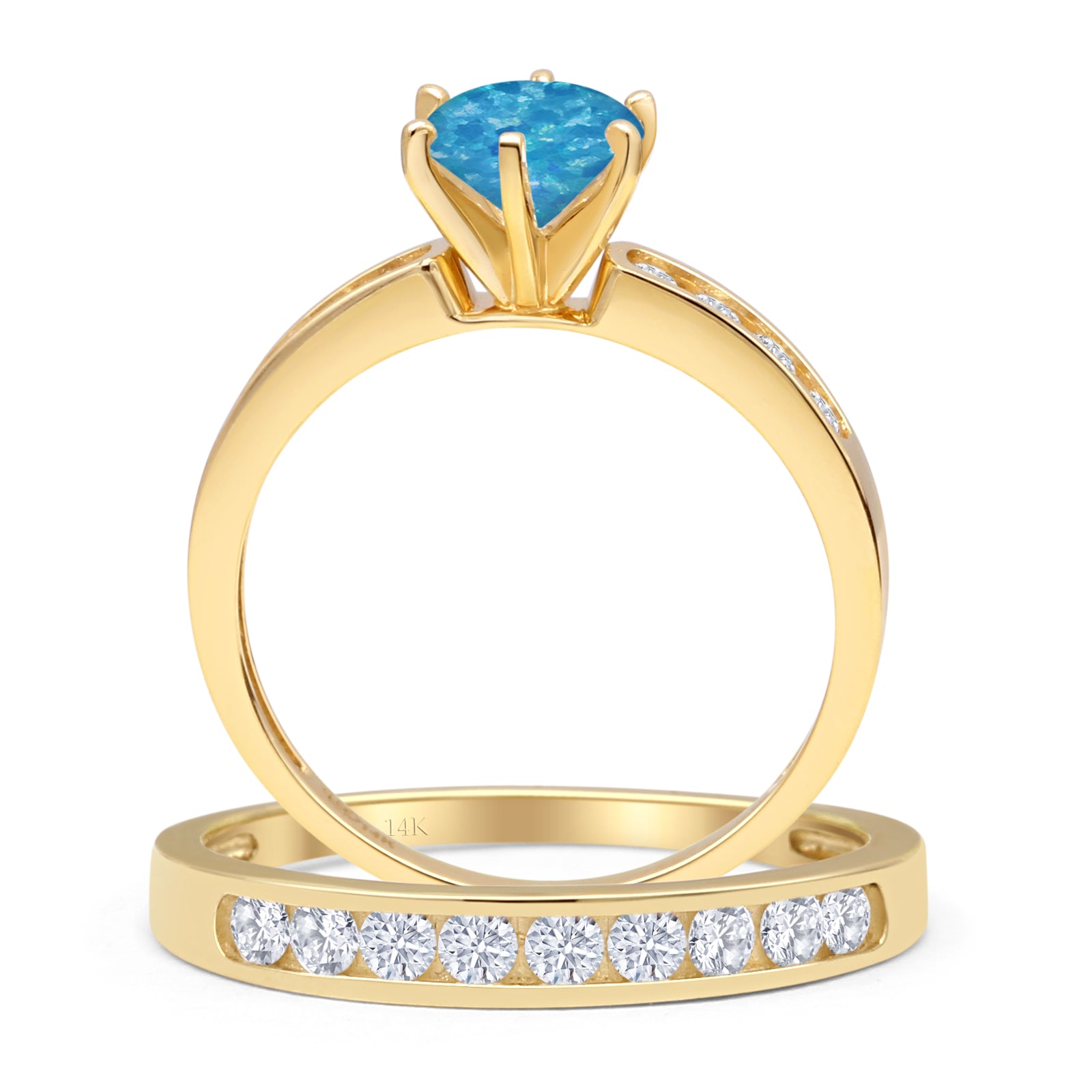 14K Yellow Gold Two Piece Half Eternity Round Lab Created Blue Opal Cathedral Ring for Women - Elegant Stackable Wedding Band, Anniversary Gift, Bridal Jewelry for Special Occasions