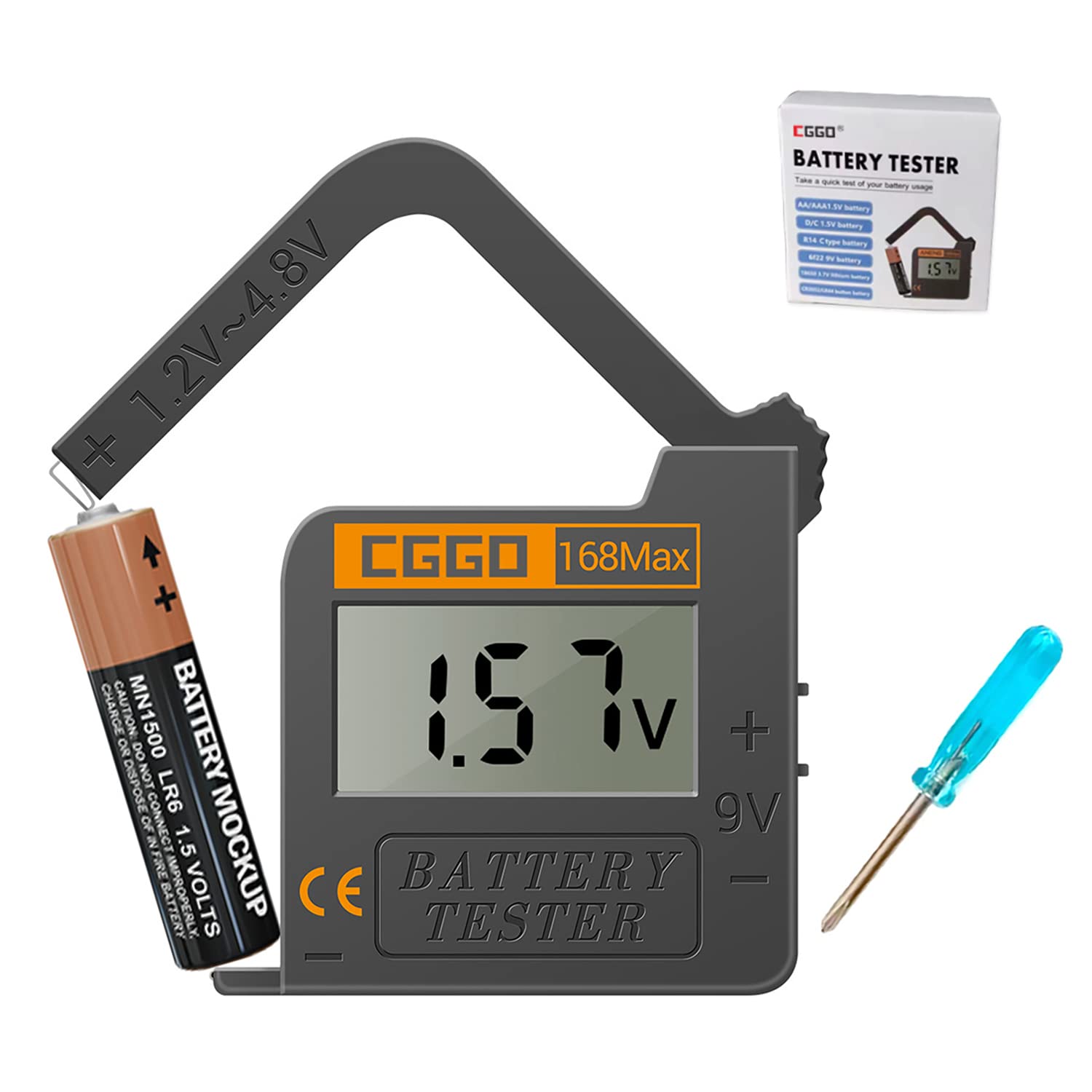 168MAX Universal Digital Battery Tester - AA AAA C D 9V 1.5V Button Cell Battery Checker, Portable Charge Tester (Black) | Perfect for Home, Office & Emergency Kits