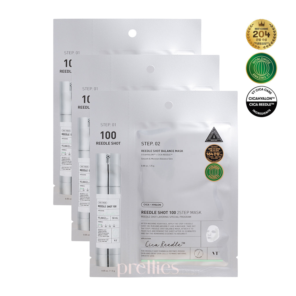 VT Mild Reedle Shot 100 2 Step Facial Mask Sheet - Korean Skin Care for Hydration & Brightening (3 Pack) - Perfect for Daily Skincare Routine & Spa Night