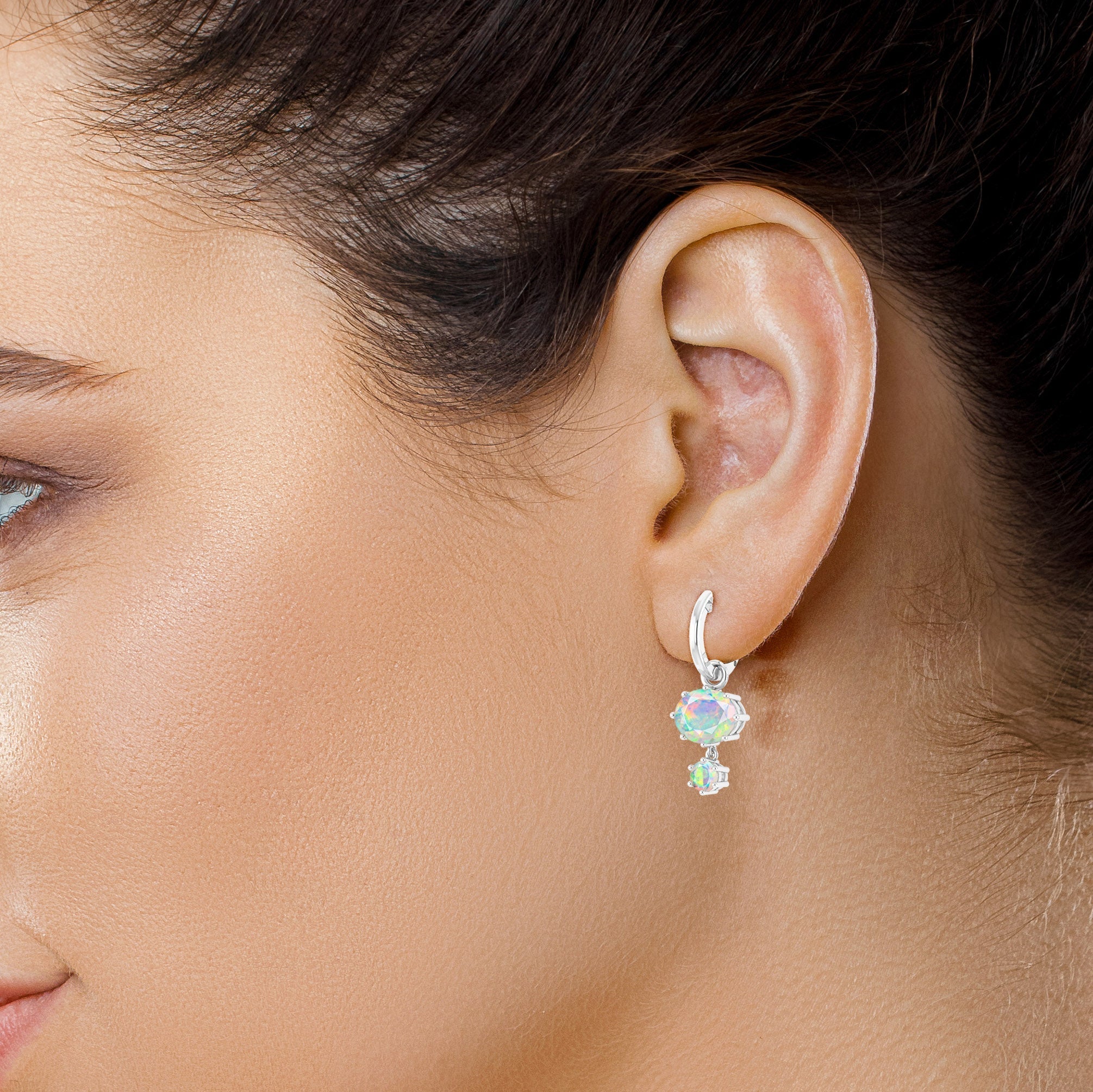 Blue Fire Opal Dual Round Stone Hoop Earrings for Women | Sterling Silver Dangle Earrings | Boho Chic Jewelry for Party, Wedding & Everyday Wear
