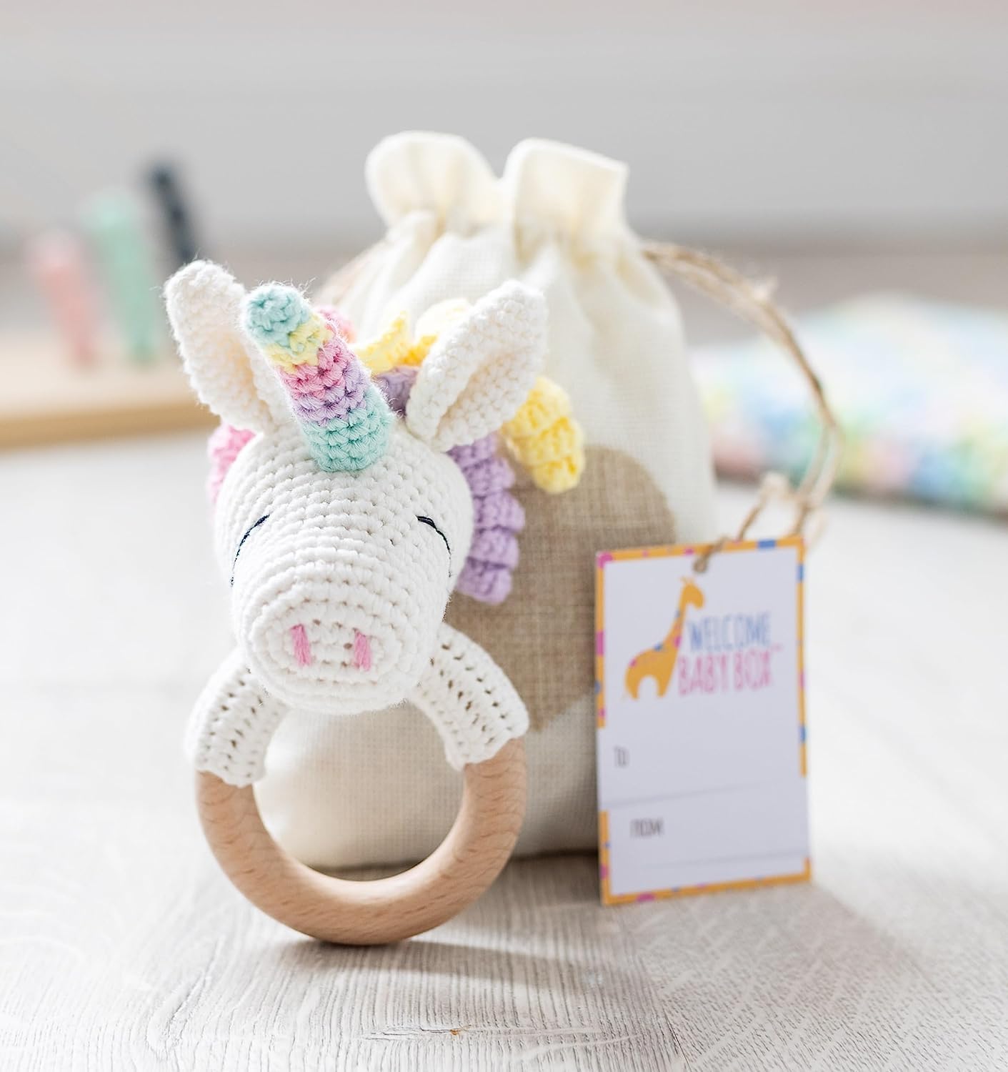 Personalized Crochet Unicorn Baby Rattle with Name & Wooden Teether Ring - Gender Neutral Newborn Gift for Baby Boy or Girl - Perfect Baby Shower Present with Gift Bag - Ideal for Nursery Decor, Playtime & First Teeth Relief