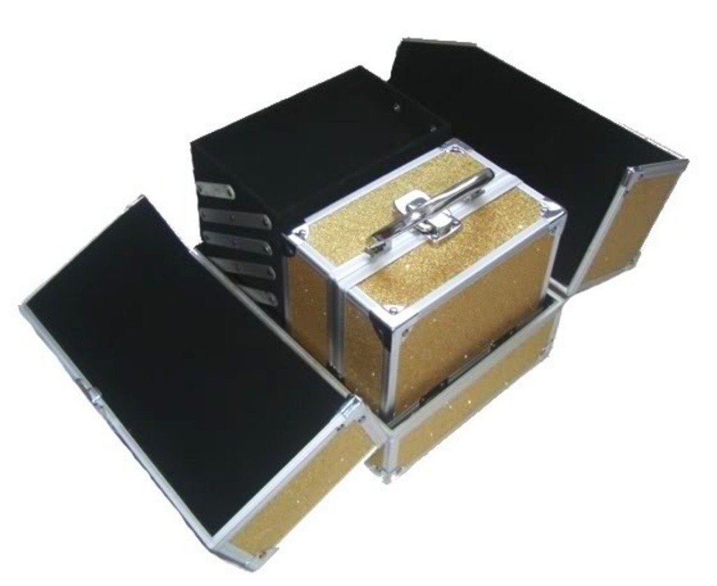 2 Piece Sparkly Glitter Aluminum Beauty Makeup Vanity Case Box - Nail & Hair Organizer Storage (Gold) | Perfect for Salon, Travel & Home Cosmetic Organization