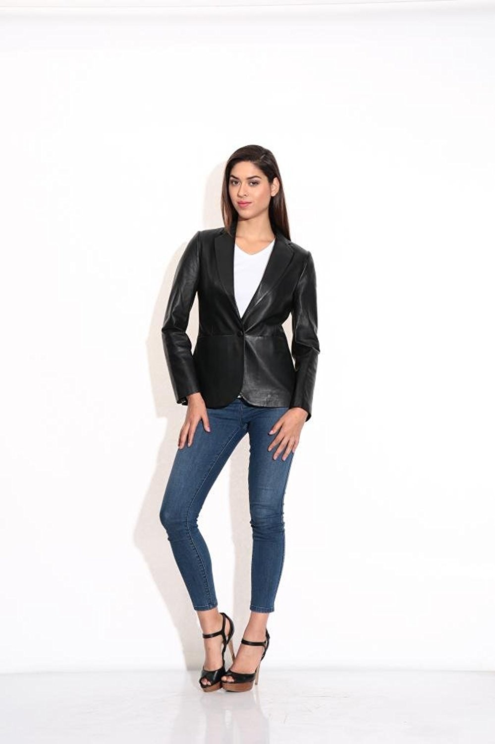 Genuine Lambskin Leather Black Women's Single Button Blazer - Slim Fit Office Suit Jacket with Full Sleeves for Business Professional & Formal Occasions