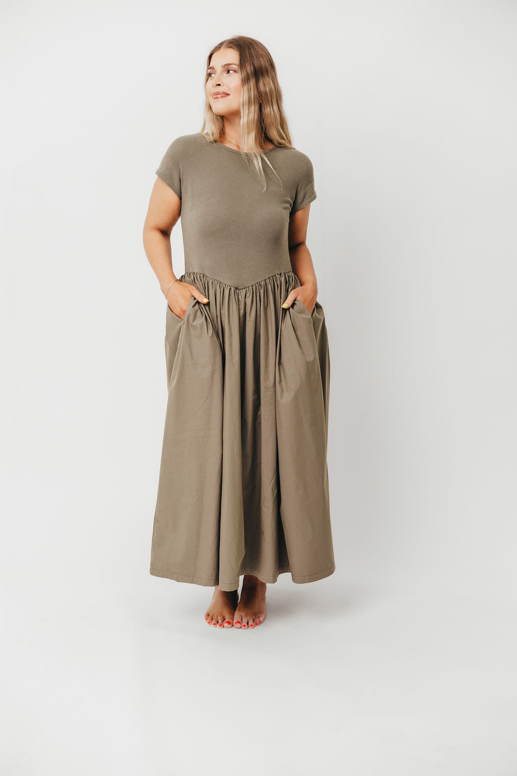 Dolores Olive Rib and Woven Skirt Combo Dress for Women | Elegant Casual Outfit for Parties, Dates & Office Wear