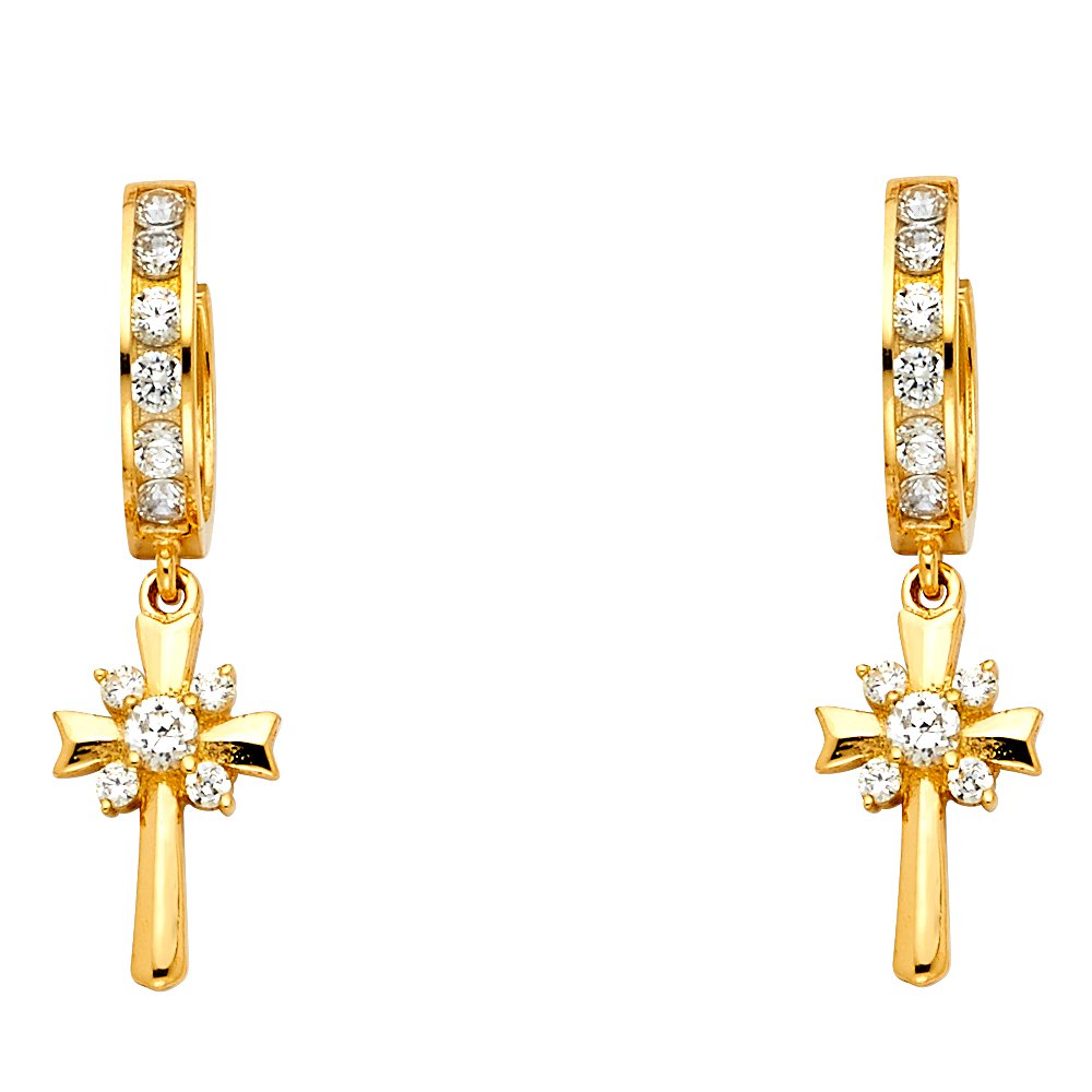 14K Real Yellow Gold Fancy Huggie Dangle Cross Earrings for Women - 8x31mm Dainty Religious Jewelry Gift - Perfect for Church, Weddings & Everyday Wear
