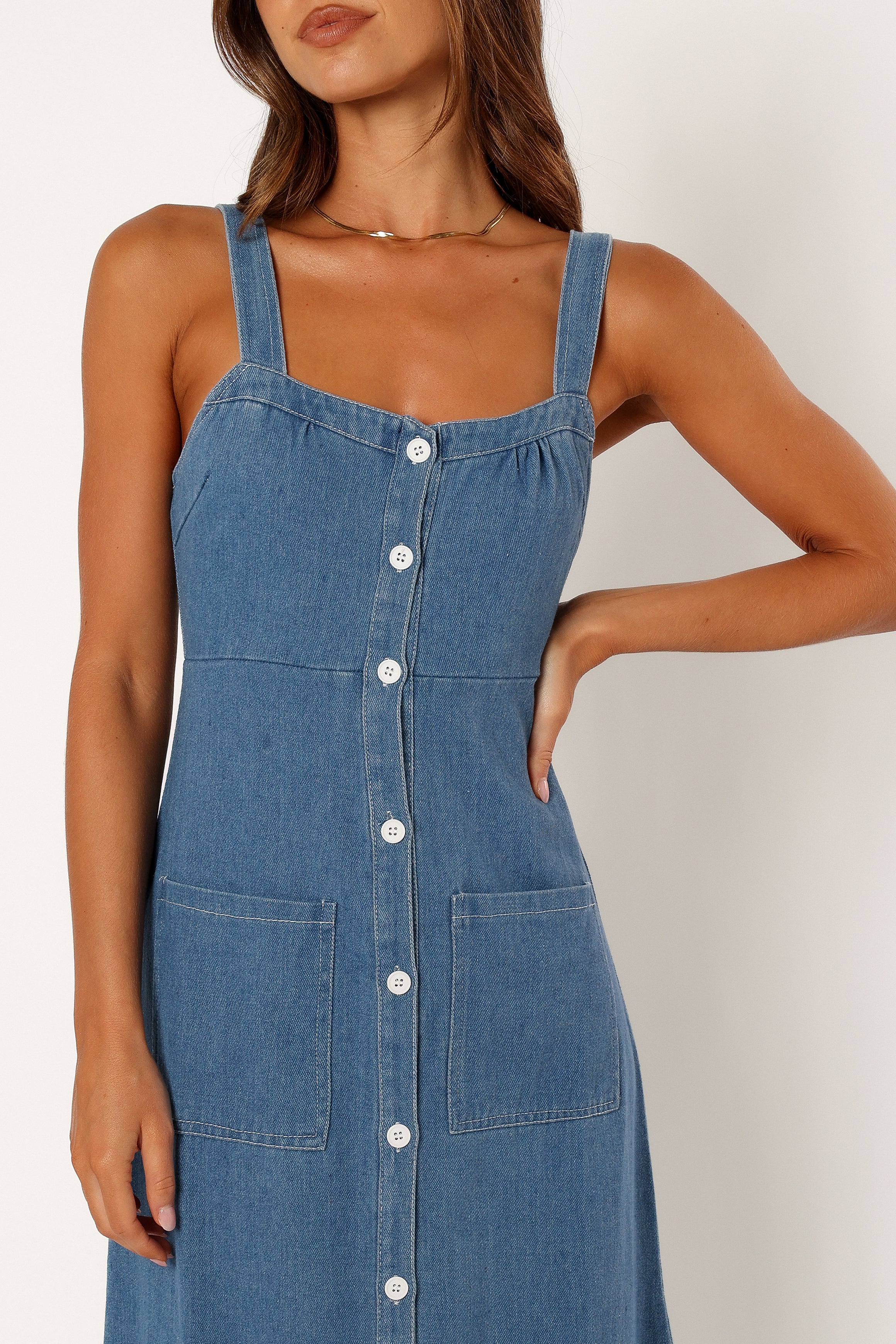 Bettie Midi Denim Dress for Women - Vintage Inspired Blue Jean Skirt Dress for Casual Outings & Date Nights