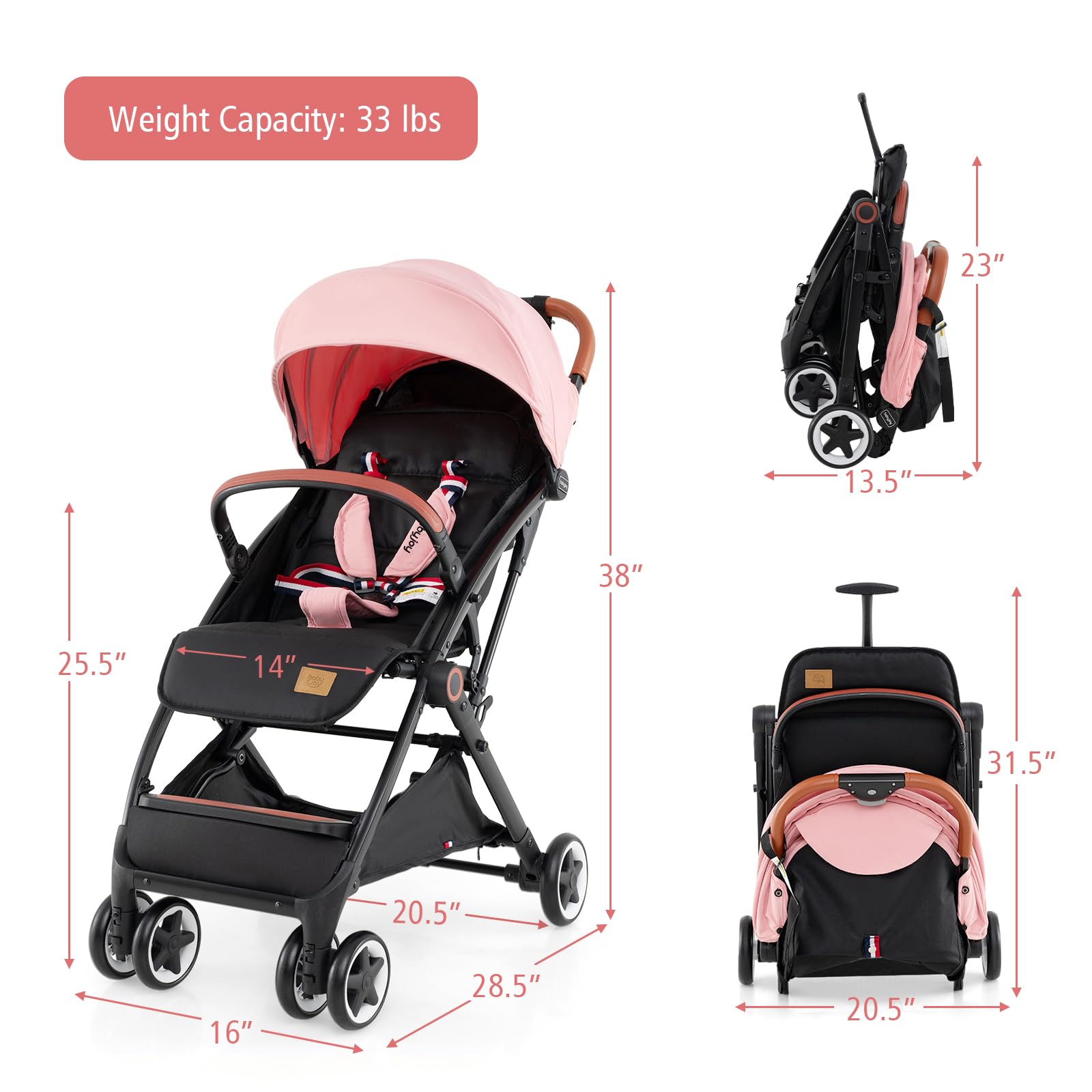 BABY JOY Lightweight Compact Baby Stroller for Travel - Airplane Approved Infant Stroller with 5-Point Safety Harness, Adjustable Backrest & Canopy, Large Storage Basket - Easy One-Hand Fold (Pink) | Perfect for Air Travel, Shopping, and Everyday Walks with Your Toddler