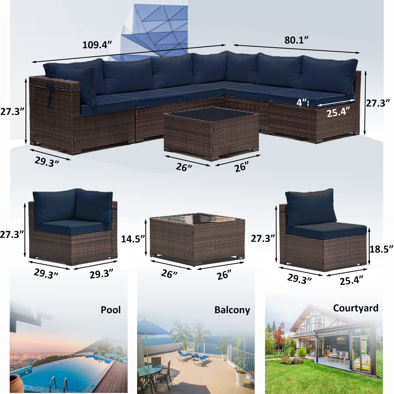 8-Piece Outdoor Patio Furniture Set with 55000 BTU Propane Fire Pit Table - PE Wicker Rattan Sofa Conversation Set & Sectional Furniture with Tempered Glass Top - Navy Blue - Perfect for Backyard, Garden, and Poolside Relaxation