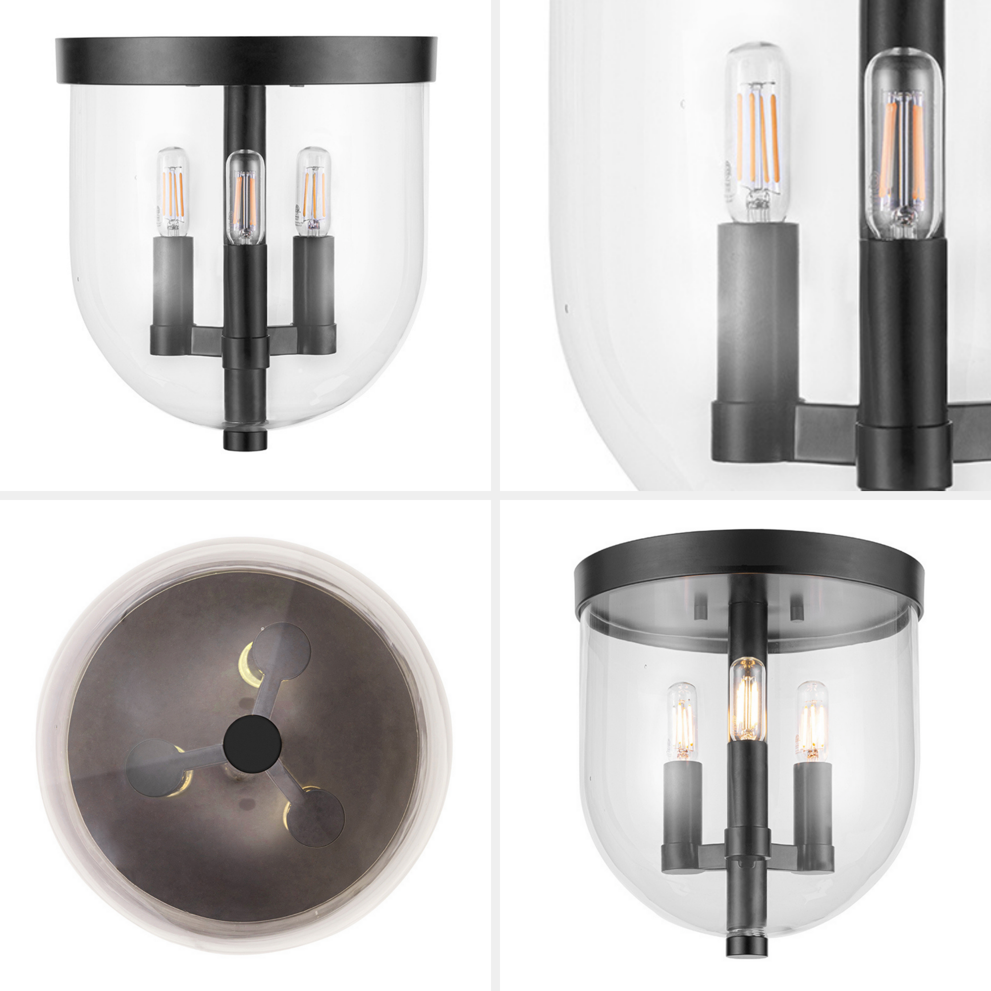 3-Light Hansley Flush Mount Ceiling Light Fixture - Matte Black with Clear Glass Shades - Perfect for Bedroom, Hallway, or Entryway Lighting
