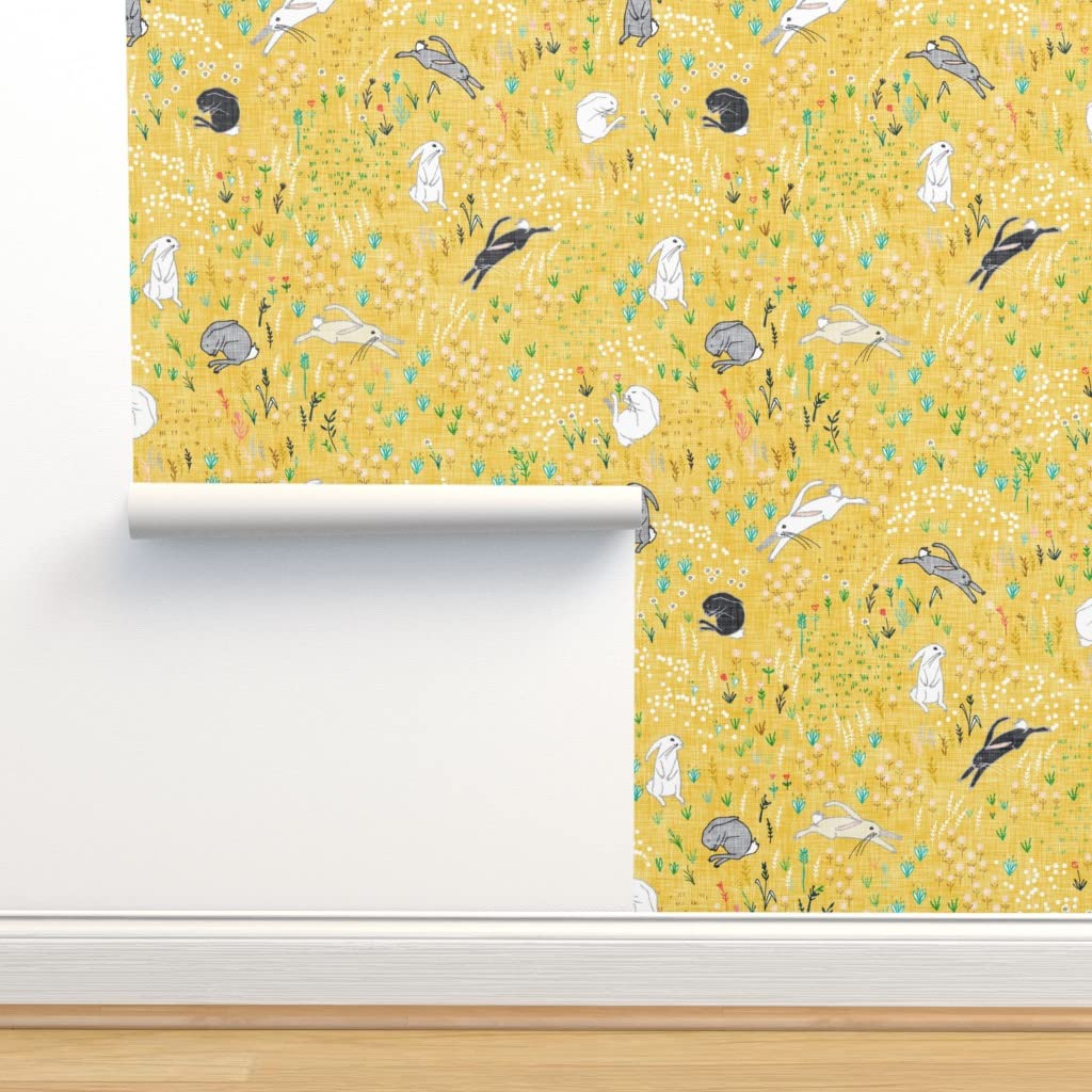 12ft x 2ft Peel & Stick Removable Wallpaper - Bunny Field Butter Yellow Rabbit Wildflower Floral Design | Self-Adhesive Wallpaper for Nursery, Bedroom, Kitchen Decor | Easy DIY Home Improvement