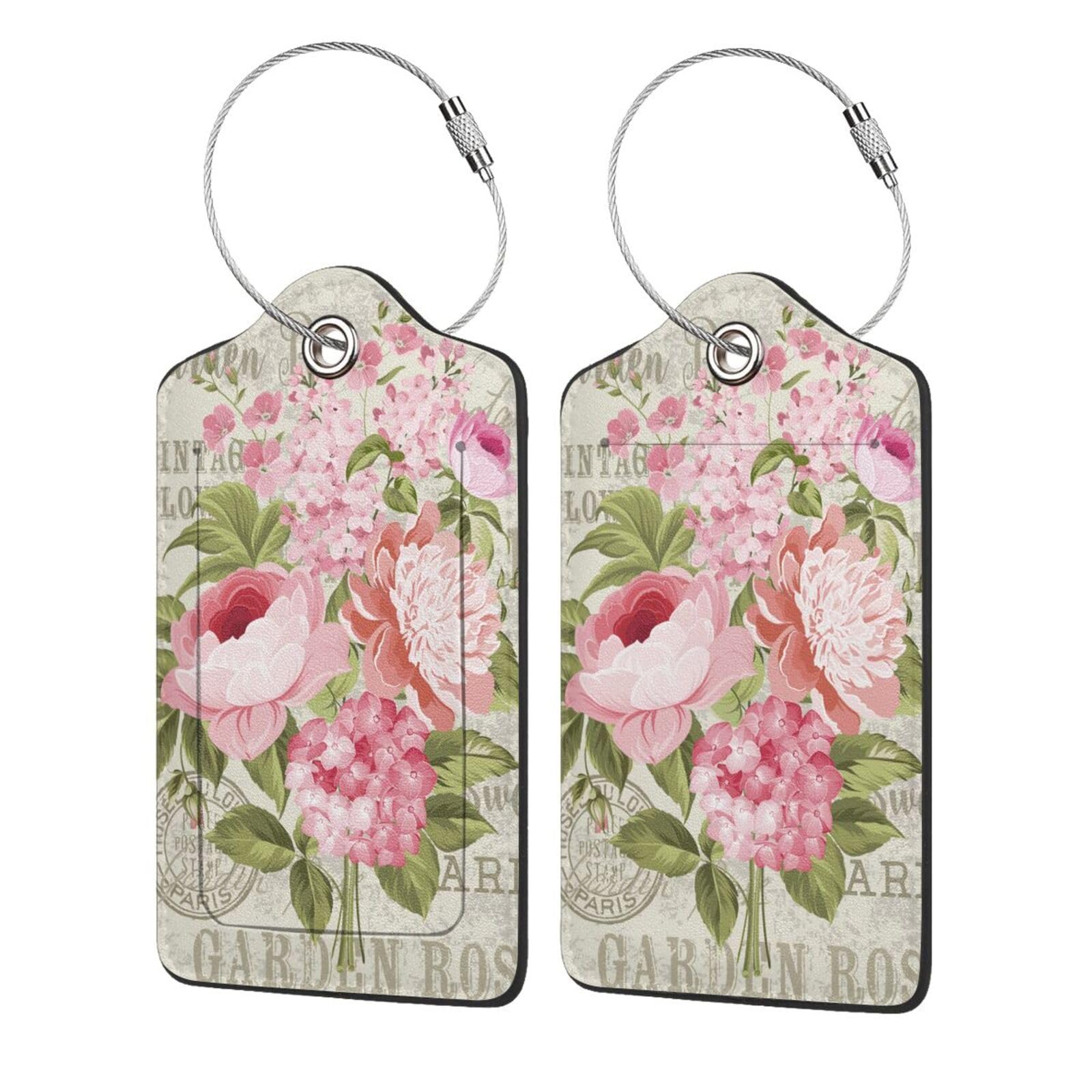 2 Pack Vintage Pink Rose Flower Leather Luggage Tags with Privacy Cover & Stainless Steel Loop - Unique Suitcase ID Labels for Women & Men - Perfect for Travel, Business Trips, and Vacation Baggage Identification