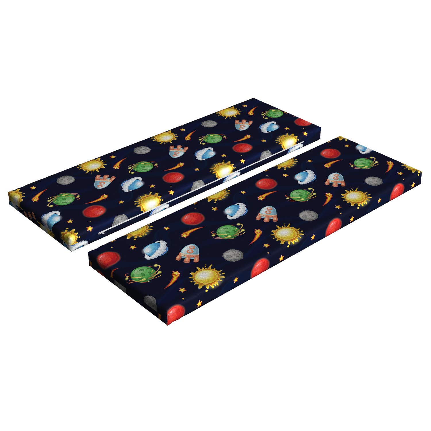 Ambesonne 2-Piece Space Themed Bench Cushion Set - Cartoon Cosmos Design with Sun, Stars, Planets & Rocket - 45