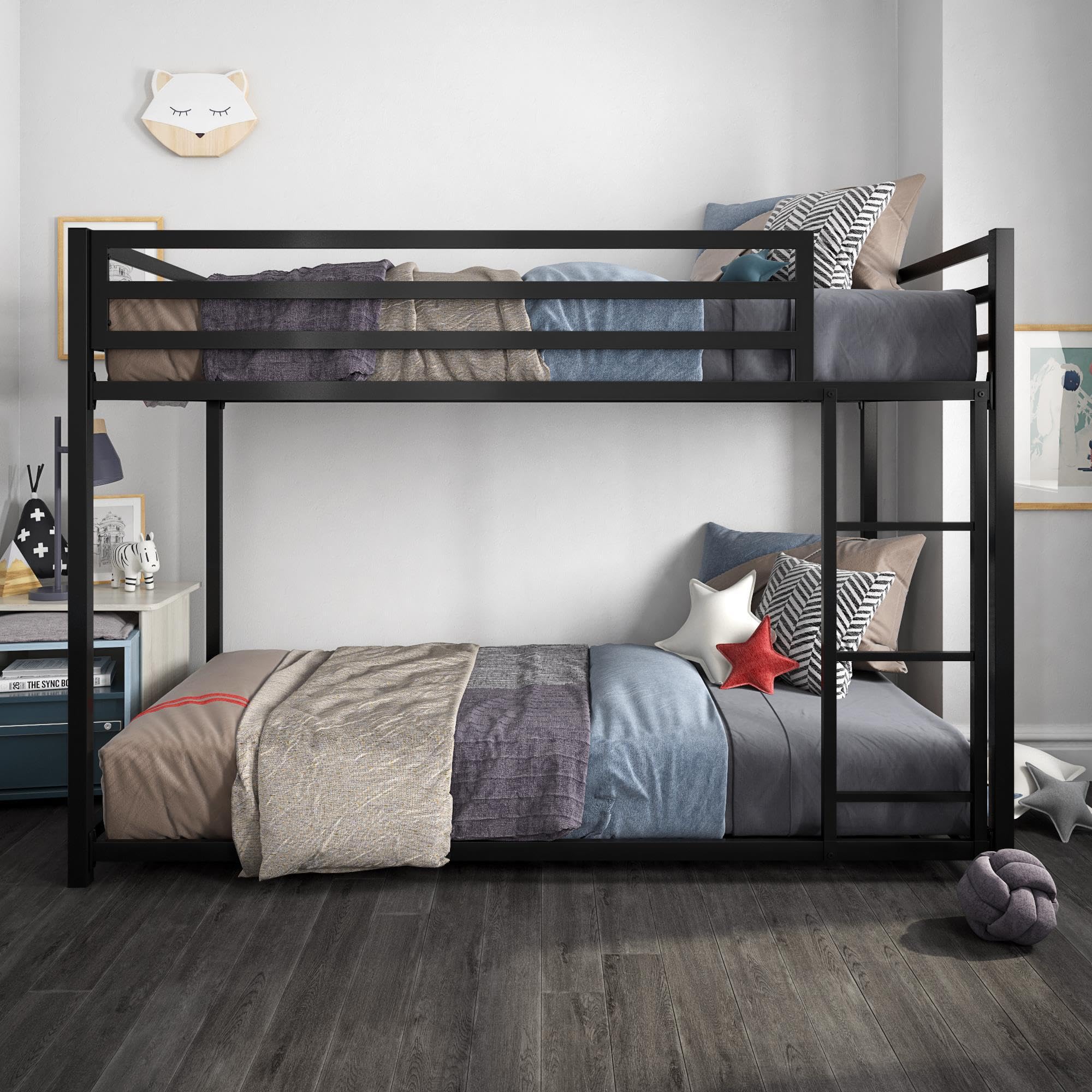 DHP Miles Low Metal Bunk Bed Frame for Kids - Twin Over Twin with Built-in Ladder & High Guardrail | Sturdy Metal Slats, No Box Spring Needed | Space-Saving Floor Bed for Small Rooms | Perfect for Kids' Bedrooms, Dormitories & Shared Spaces (Black)
