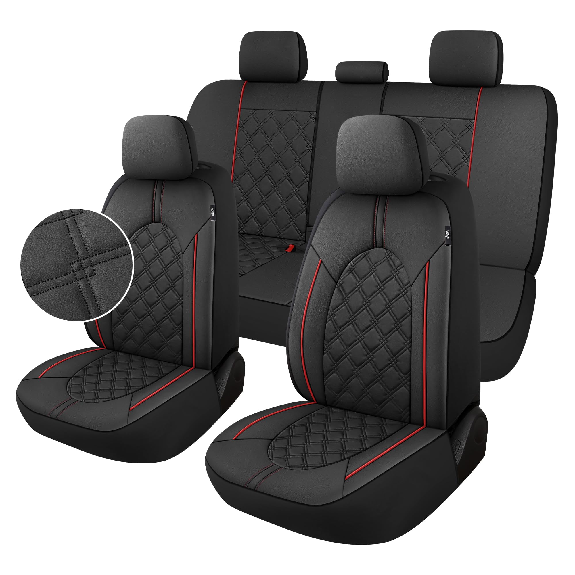 Premium YGL PU Leather Car Seat Covers Full Set - Non-Slip Universal Fit for Cars, Trucks, SUVs & Vans | Airbag Compatible | Black/Red | Protect & Upgrade Your Vehicle Interior for Daily Commute & Road Trips