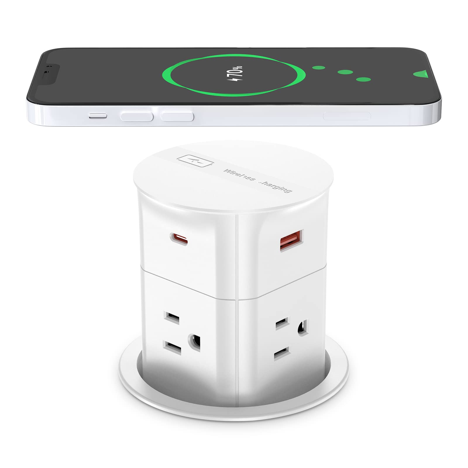 ANNQUAN 9-in-1 Pop Up Countertop Outlet with 4 AC Outlets, 20W USB-C PD Fast Charging, 15W Wireless Charger & QC3.0 USB-A Ports - White | For Kitchen Island, Home Office & Workspace Charging Station