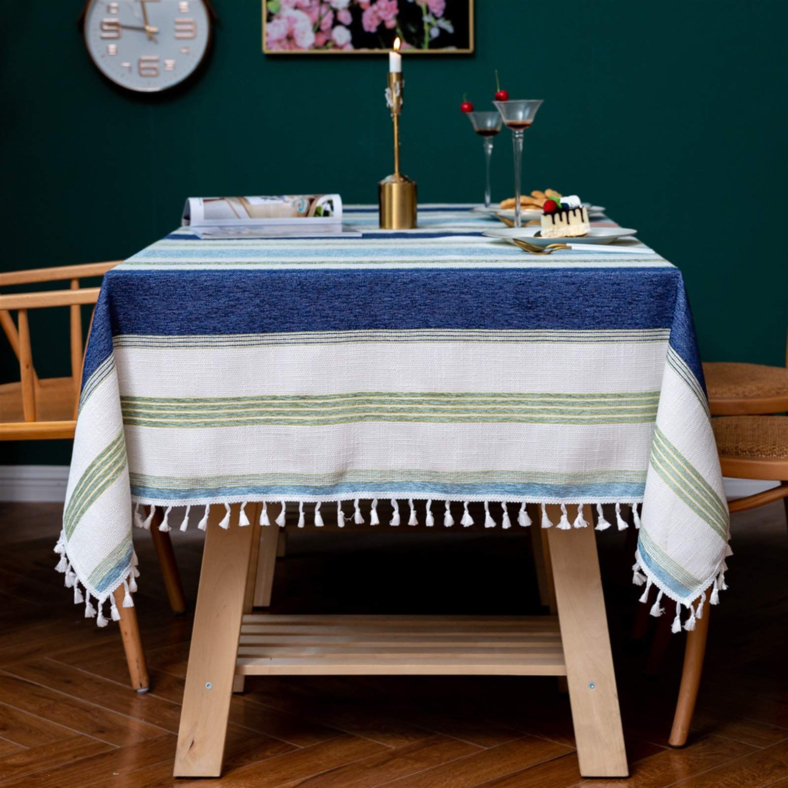 Premium Nordic Tassel Christmas Tablecloth - Thick Cotton Linen Blend with Elegant Green & Blue Stripes, Dustproof Lace Trim - Perfect for Holiday Dining, Party Decor, and Festive Home Decorations