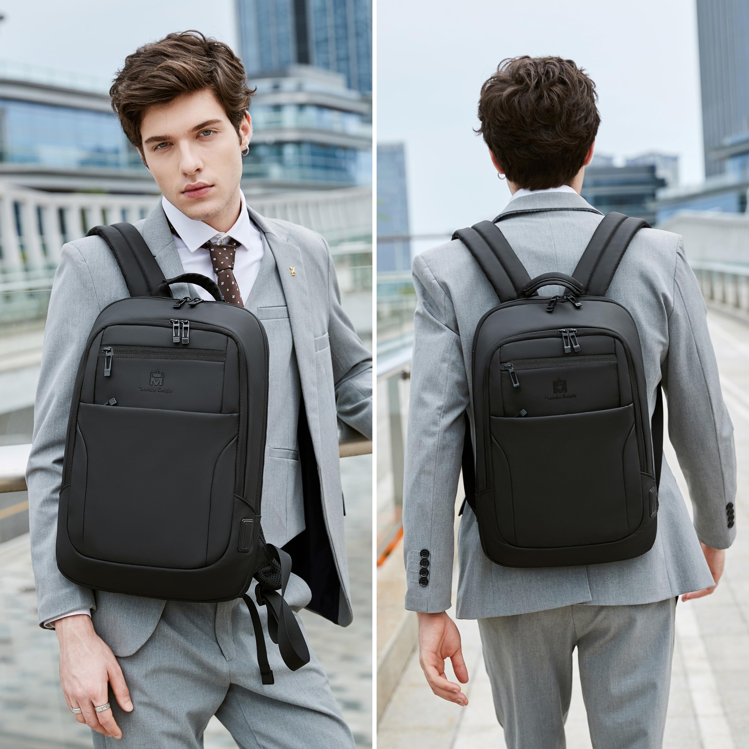 Caoroky Knight Men's 15.6 Inch Slim Laptop Backpack with USB Charging Port - Waterproof Anti-Theft Business Travel Backpack for Work, College & Commuting - Black