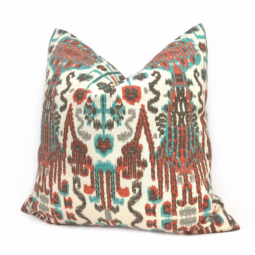 Bombay Paprika Orange Aqua Blue Ikat Pillow Cover - Handmade Linen Blend Cushion Case for Sofa, Bed & Home Decor - Boho Chic Throw Pillow Cover 18x18 Inches
