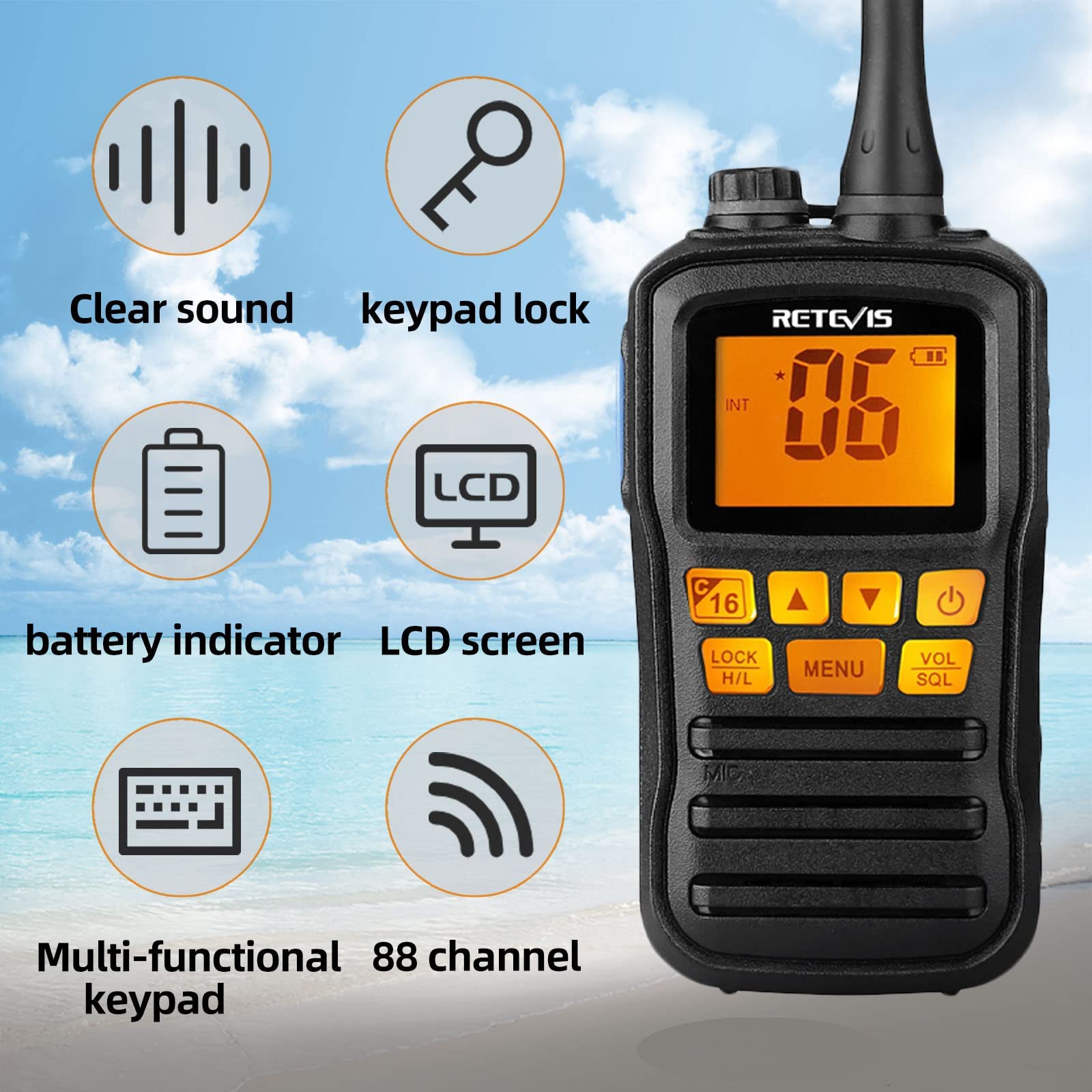 Retevis RM01 Waterproof Floating Handheld Marine Two-Way Radio with NOAA Weather Alert - IP67 Rated for Boating, Sailing & Emergency Communication (1 Pack) - Perfect for Boats, Yachts, Fishing & Marine Adventures