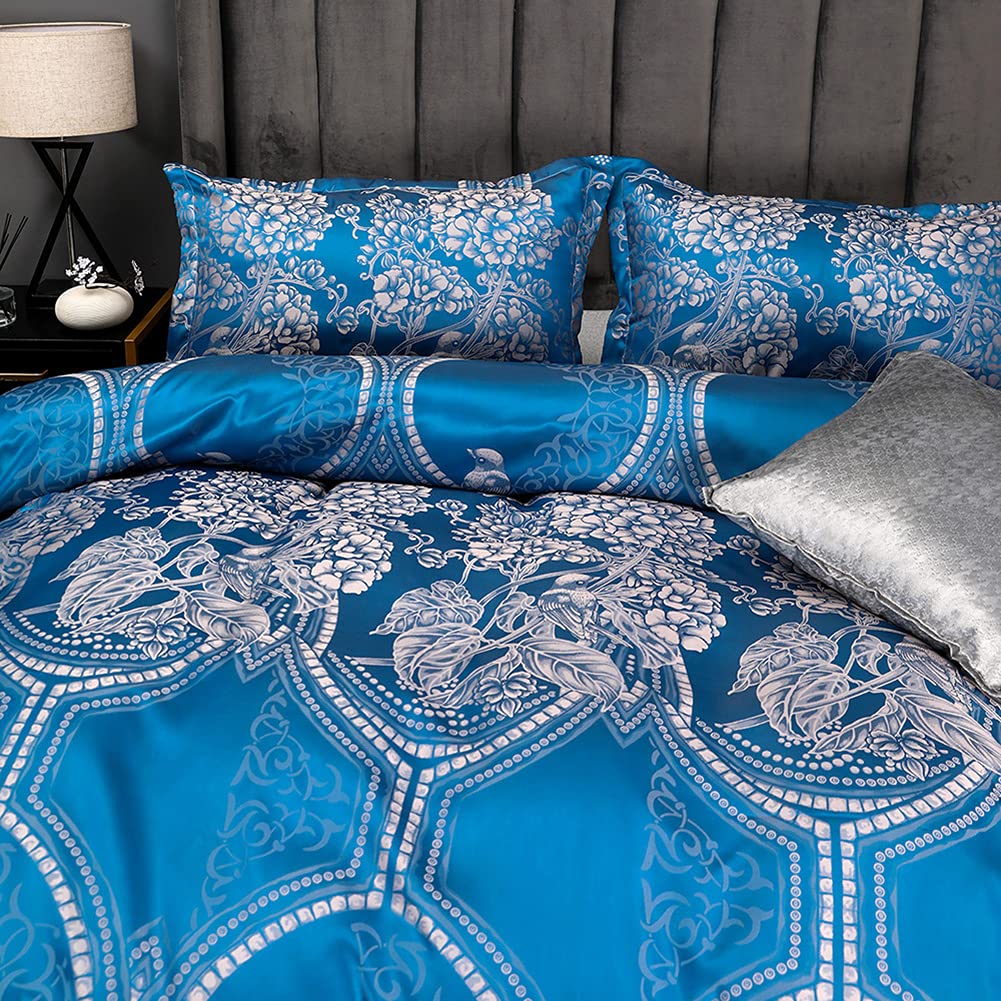 VCTOPS Luxury 3-Piece Jacquard Duvet Cover Set - King Size Soft Satin Silky Bedding Comforter Cover with Zipper Closure & Pillowcases - Blue - Perfect for Master Bedroom, Guest Room & Hotel Decor