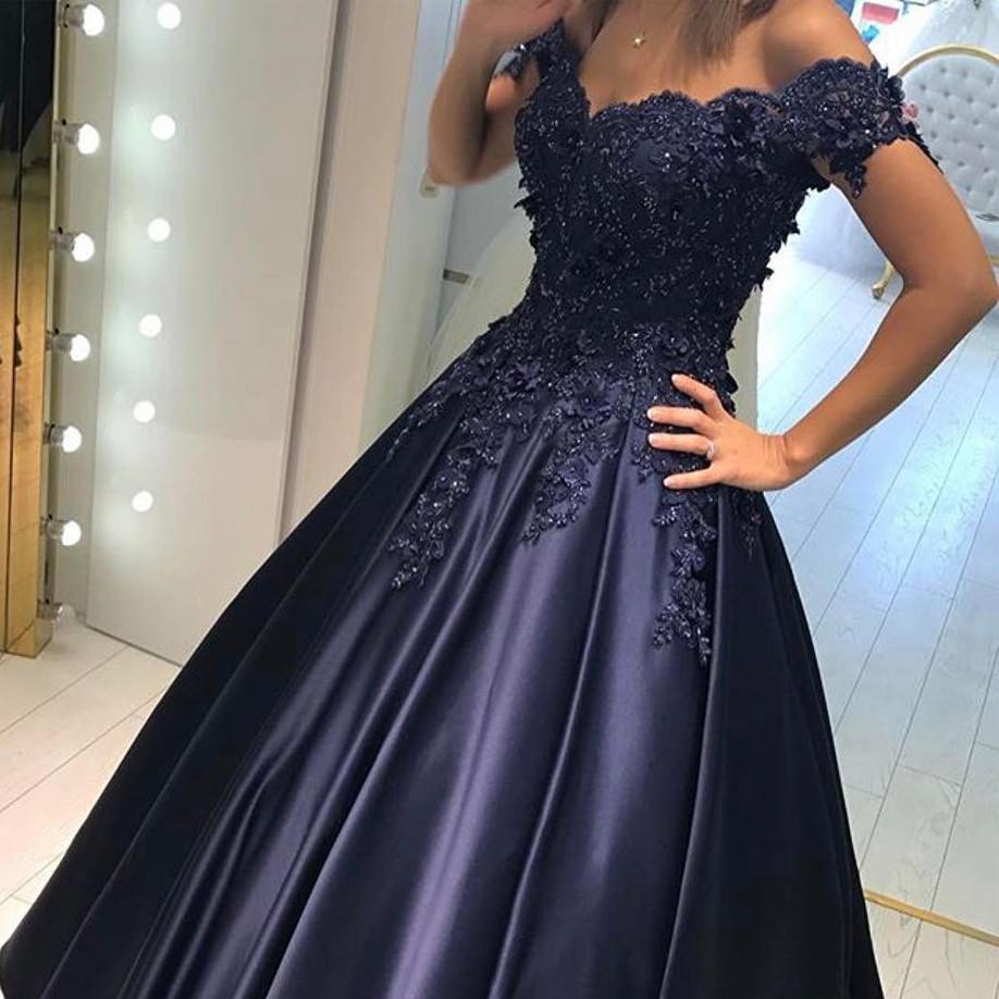 Elegant Ball Gown Satin Dress with 3D Lace Flowers - Off Shoulder Formal Gown for Prom, Wedding & Evening Events