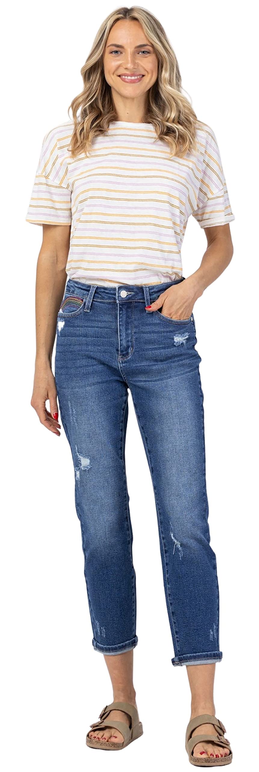 Judy Blue Women's High Waist Rainbow Embroidery Cropped Straight Leg Jeans | Trendy Denim Pants for Casual Outfits & Streetwear | Perfect for Spring Summer Fashion, Date Nights and Weekend Brunch