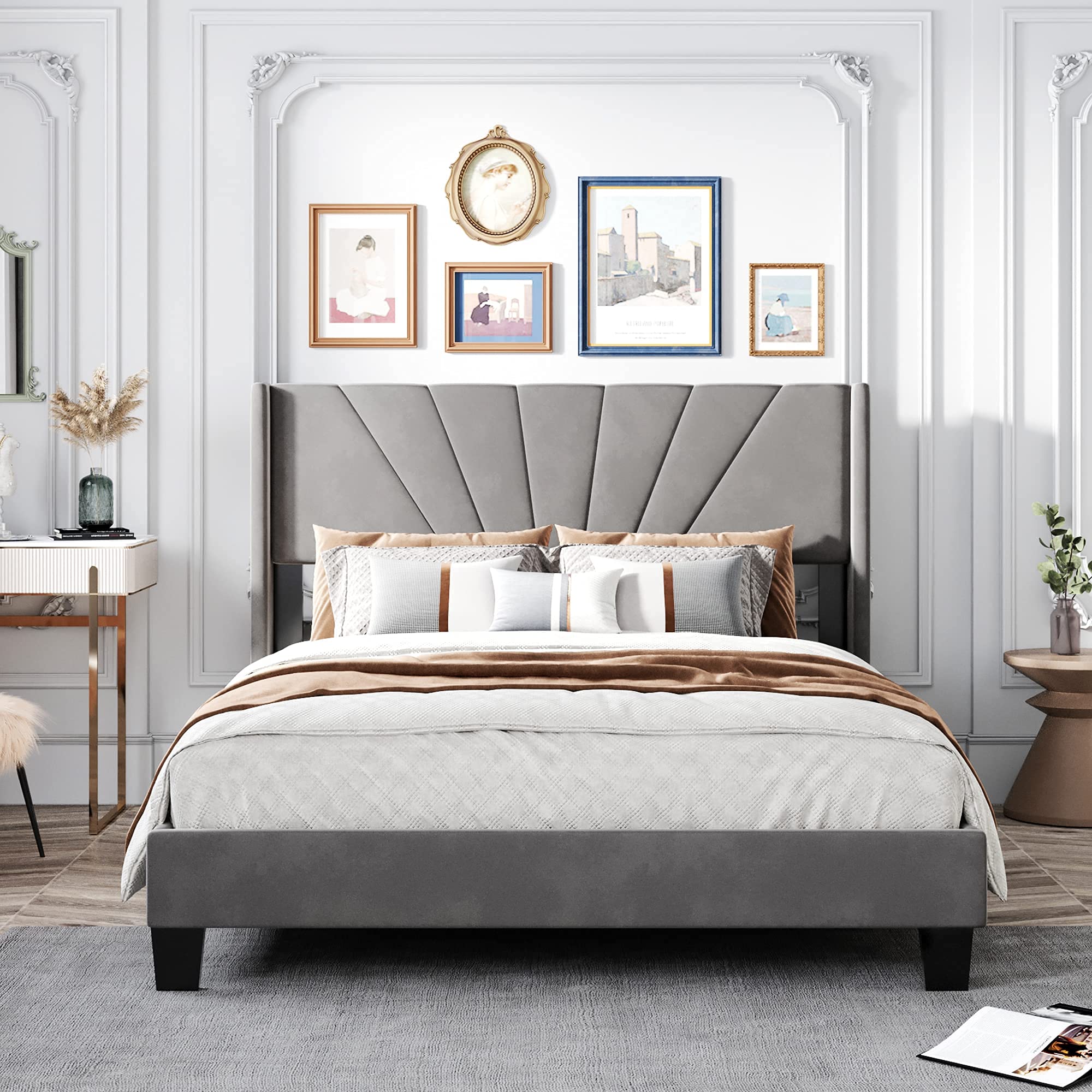 Luxury Velvet Upholstered Queen Size Platform Bed Frame with Slat Kit - No Box Spring Needed, Gray Modern Bed for Bedroom & Living Room | Perfect for Small Spaces & Guest Rooms