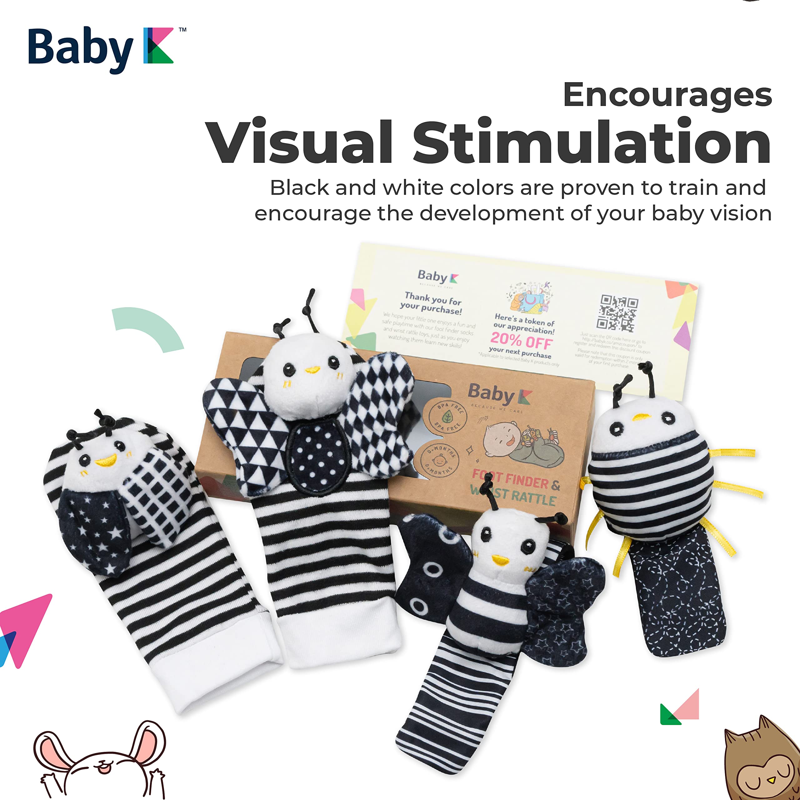 BABY K Baby Rattle Socks & Wrist Toys Set E - Newborn Infant Developmental Toys for Boys & Girls 0-12 Months - Soft Hand & Foot Rattles for Sensory Play & Brain Growth - Perfect Baby Shower Gift for Crawling & Tummy Time Activities
