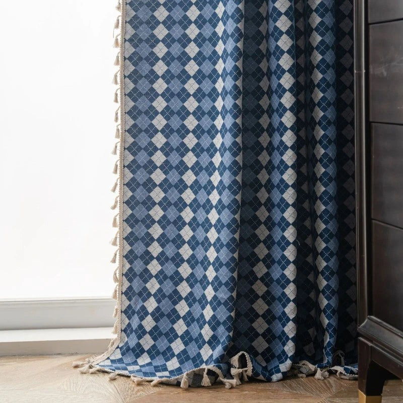 Premium Diana Cotton Linen Diamond Check Blackout Curtains for Living Room & Bedroom - Thermal Insulated Window Drapes for Light Blocking & Privacy
