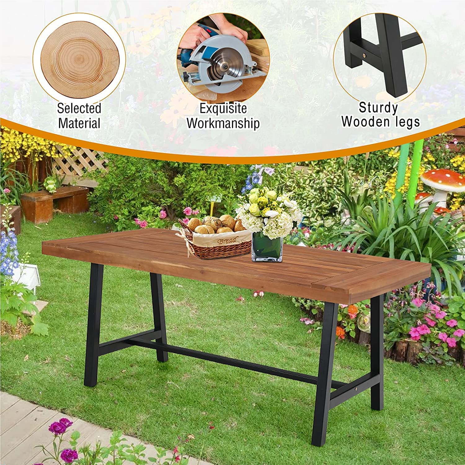 MFSTUDIO 7-Piece Outdoor Patio Dining Set for 6 - Acacia Wood Rectangular Table & Rattan Chairs - Brown Wicker Furniture for Backyard, Garden, Poolside or Terrace (Includes Solid Wood Table & 6 Cushioned Chairs) - Perfect for Outdoor Entertaining & Al Fresco Dining