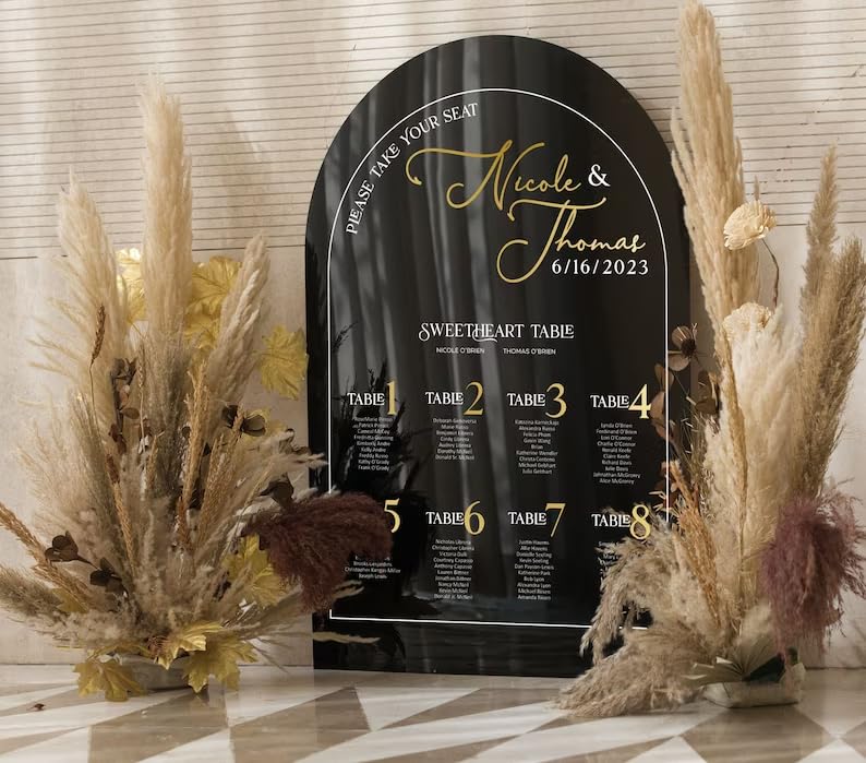 Custom Frosted Acrylic Wedding Seating Chart - Black Arched Elegant Sign for Reception Table Display | Perfect for Weddings, Banquets & Special Events