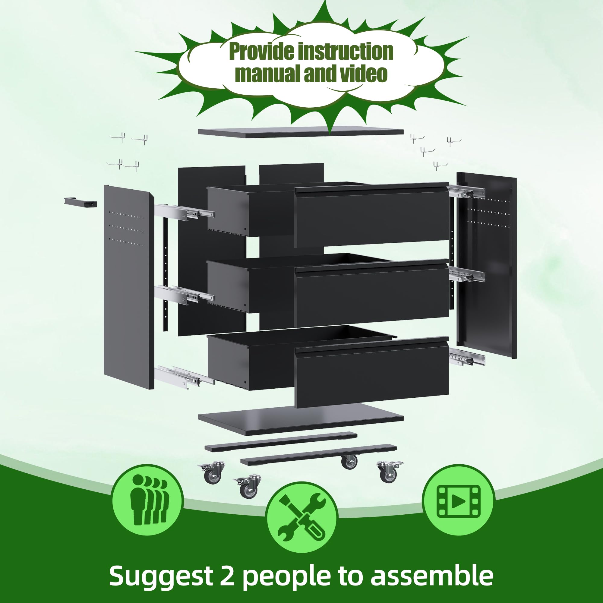 Black Metal Garage Storage Cabinet with Wheels & Pegboard - 3-Drawer Rolling Tool Organizer for Home, Workshop & Garage
