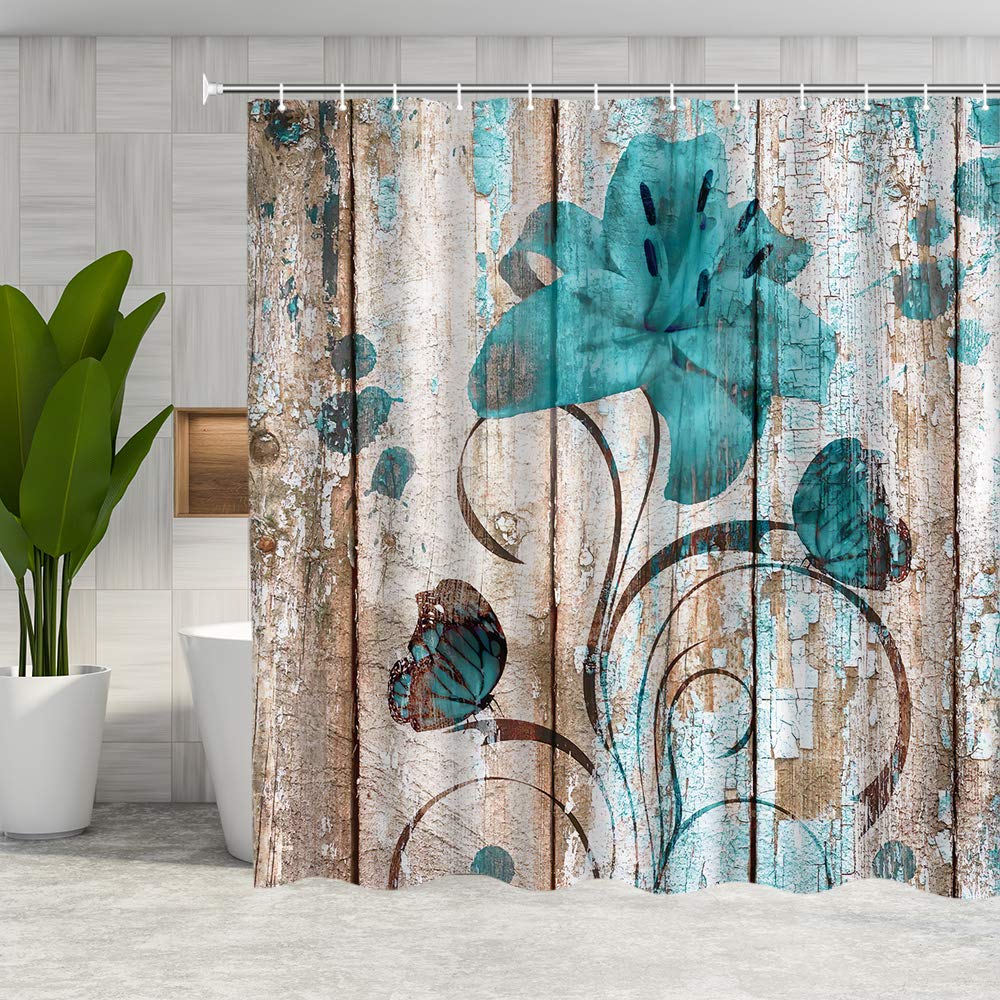 Floral Shower Curtain Set - Rustic Teal Flower & Butterfly Bathroom Curtain with Hooks, Farmhouse Wooden Plank Design, Country Fabric for Vintage Style Bathroom Decor | Perfect for Farmhouse, Cottage & Boho Bathrooms