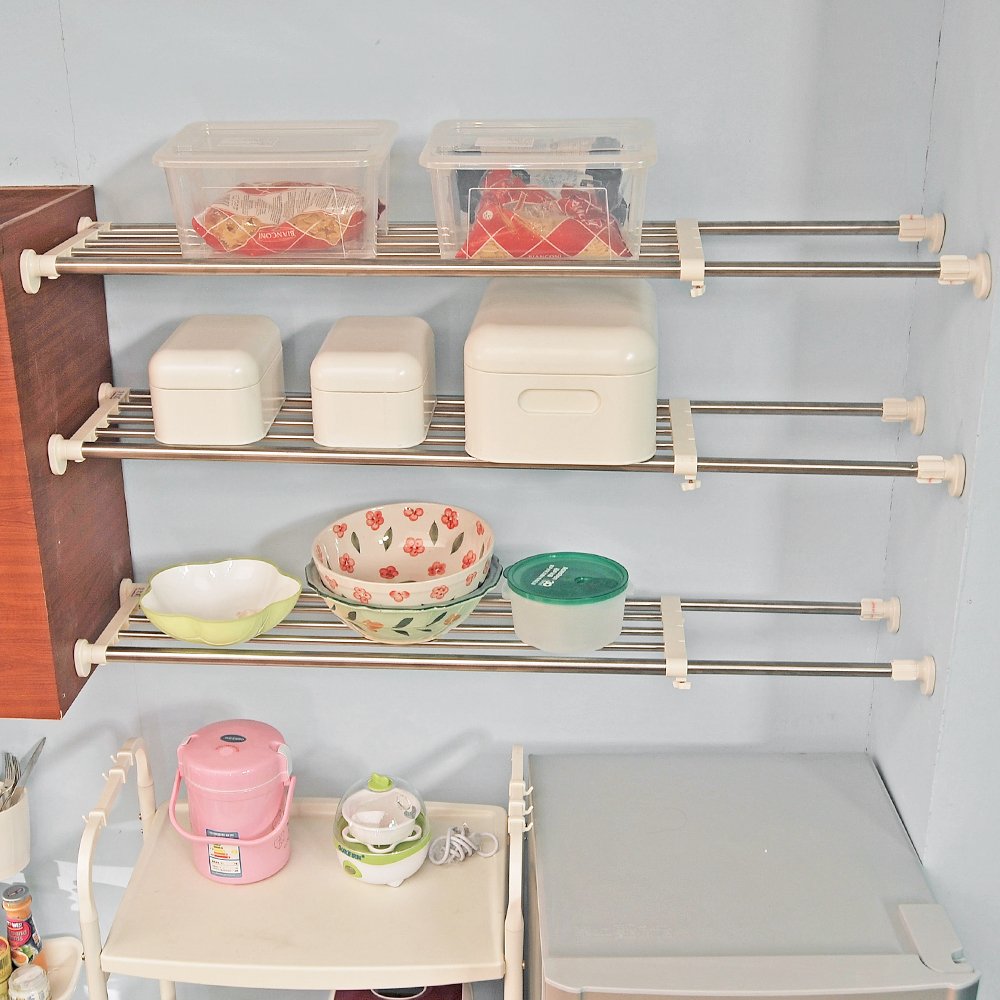 BAOYOUNI Heavy Duty Expandable Closet Shelf Organizer - Stainless Steel Storage Rack with Tension Rod (39.76-60.04 Inch, Ivory) - Perfect for Bedroom, Closet, Pantry & Laundry Room Organization