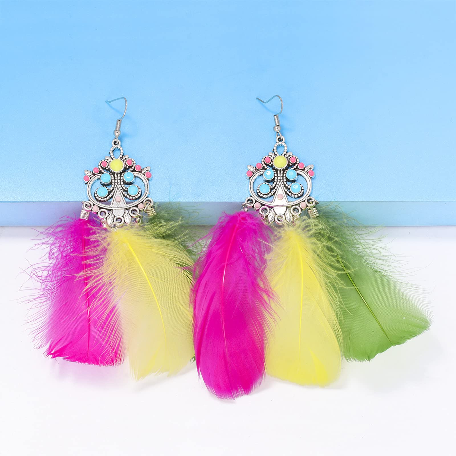 Handmade Mardi Gras Feather Dangle Earrings for Women - Natural Feather Carnival Jewelry & Holiday Accessories | Perfect for Parties, Festivals & Costume Events