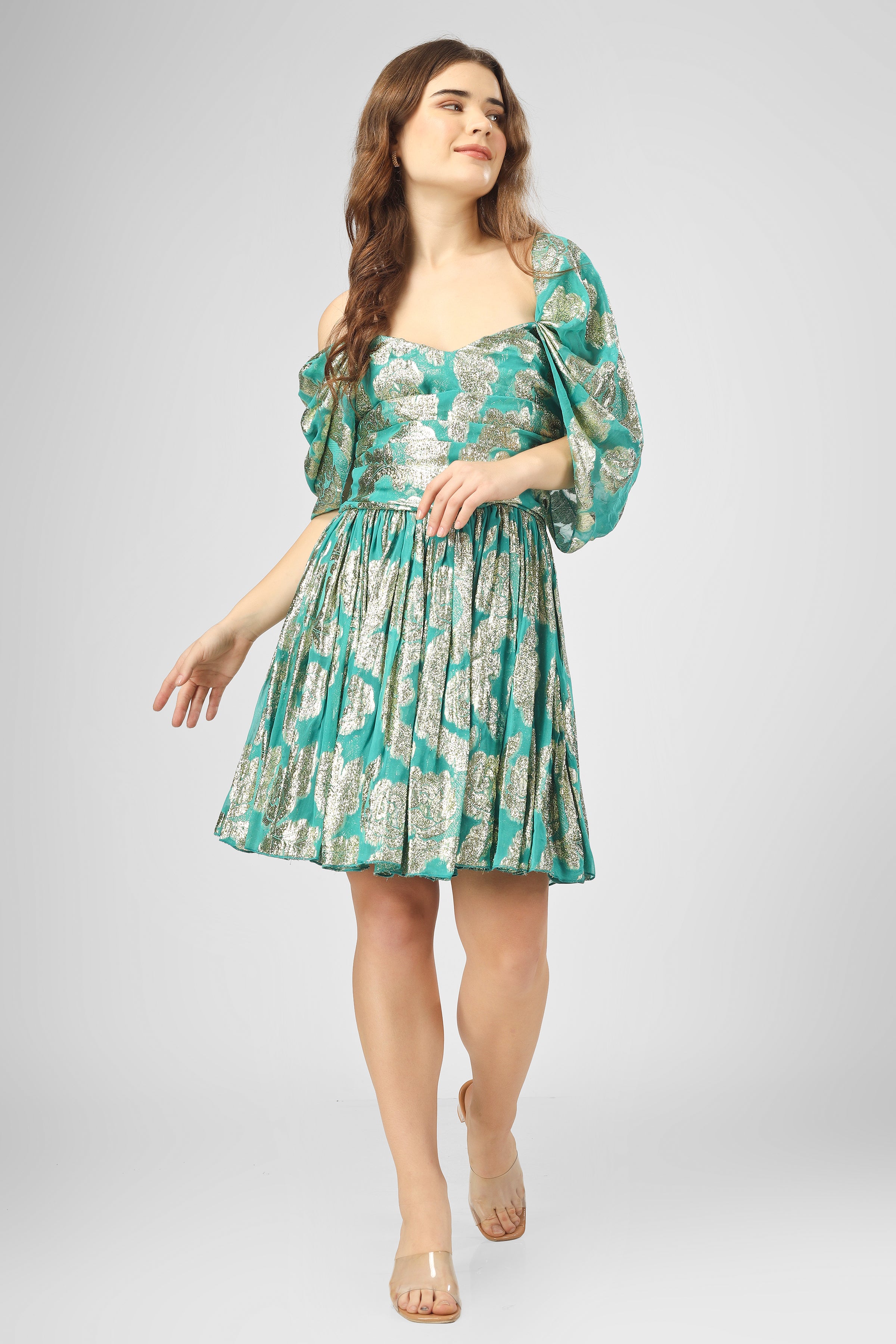Sydney Metallic Printed Mini Dress in Aqua Green - Sexy Party Clubwear for Women, Night Out & Special Occasions