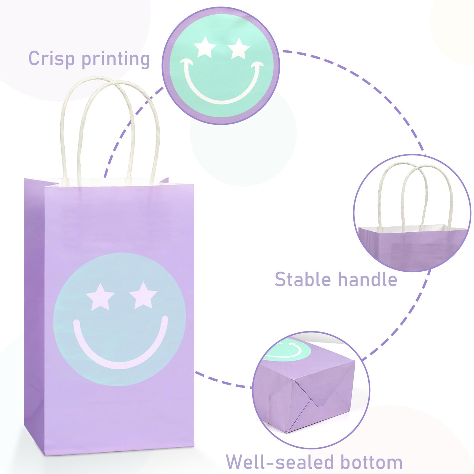 16PCS Smile Face Gift Paper Bags - Pastel Rainbow Kraft Party Favor Bags for Candy, Goodies & Decor | Perfect for Bachelorette Parties, Birthday Celebrations, Baby Showers & Preppy Themed Events