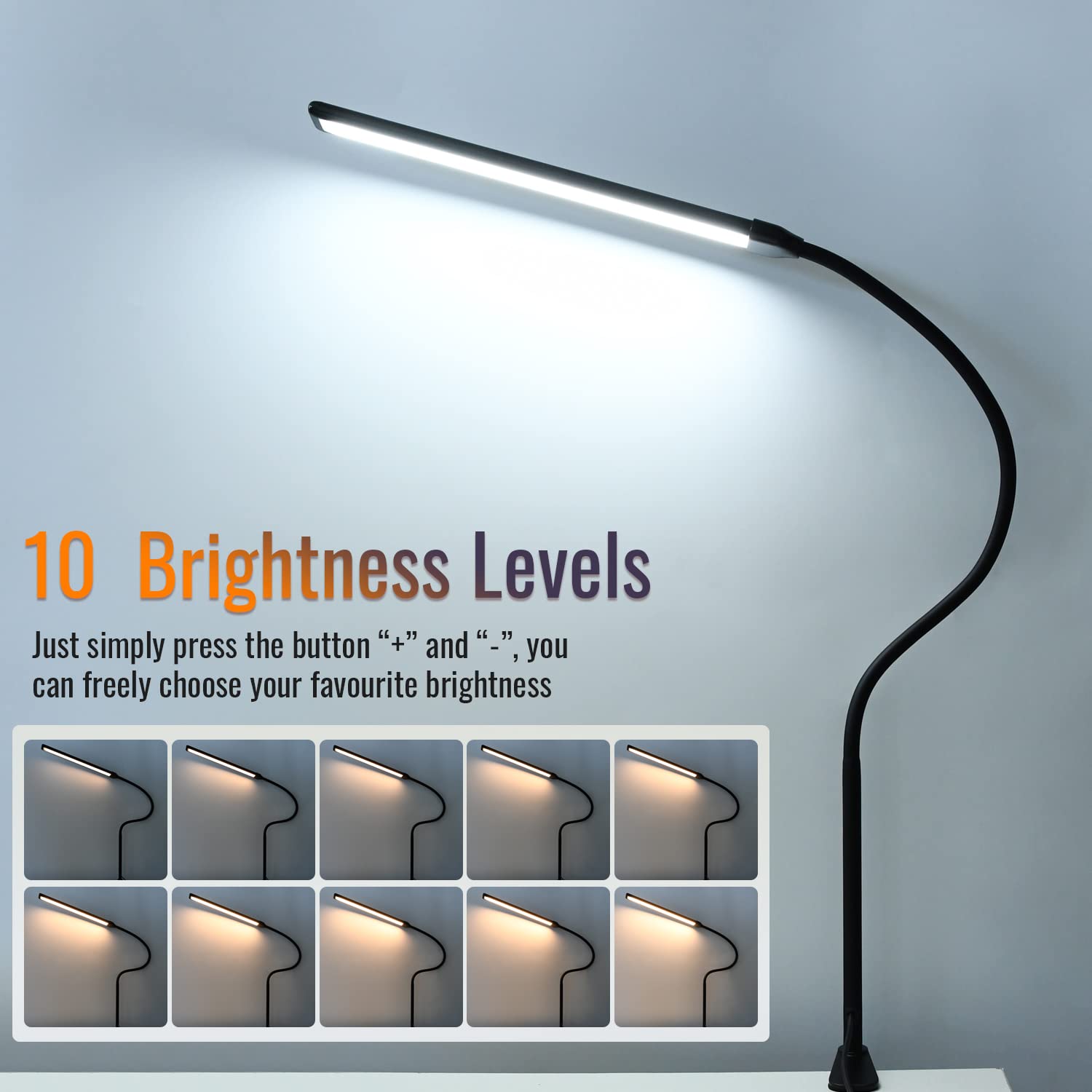 LED Desk Lamp with Clamp - Adjustable Gooseneck Clamp Light, 11W 850 Lumens, 3 Color Modes & 10 Brightness Levels, Eye-Caring Clip-On Desk Lamp for Reading, Studying, Home Office, Dorm Room, and Workspace