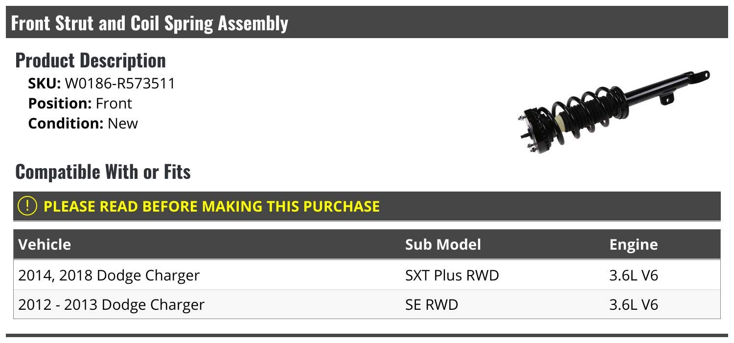 Dodge Charger Front Strut and Coil Spring Assembly - Compatible with 2012-2014 & 2018 Models, 3.6L V6 - Perfect for Smooth Ride & Suspension Repair