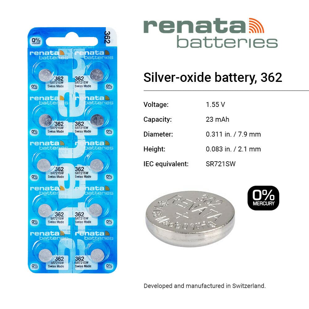 Renata 362 SR721SW 1.55V Silver Oxide Watch Batteries - 100 Pack for Watches, Calculators & Small Electronics - Long-Lasting Power Supply