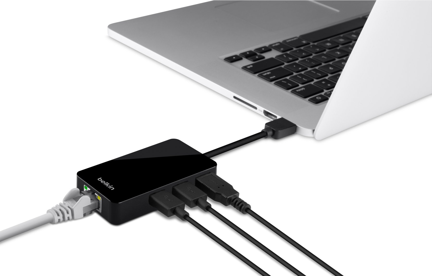 Belkin 3-Port USB 3.0 Hub with Gigabit Ethernet Adapter - High-Speed Data Transfer & Wired Network Connection - Compact USB Splitter for Laptop, Desktop, MacBook - Perfect for Home Office, Gaming & Remote Work (Black)