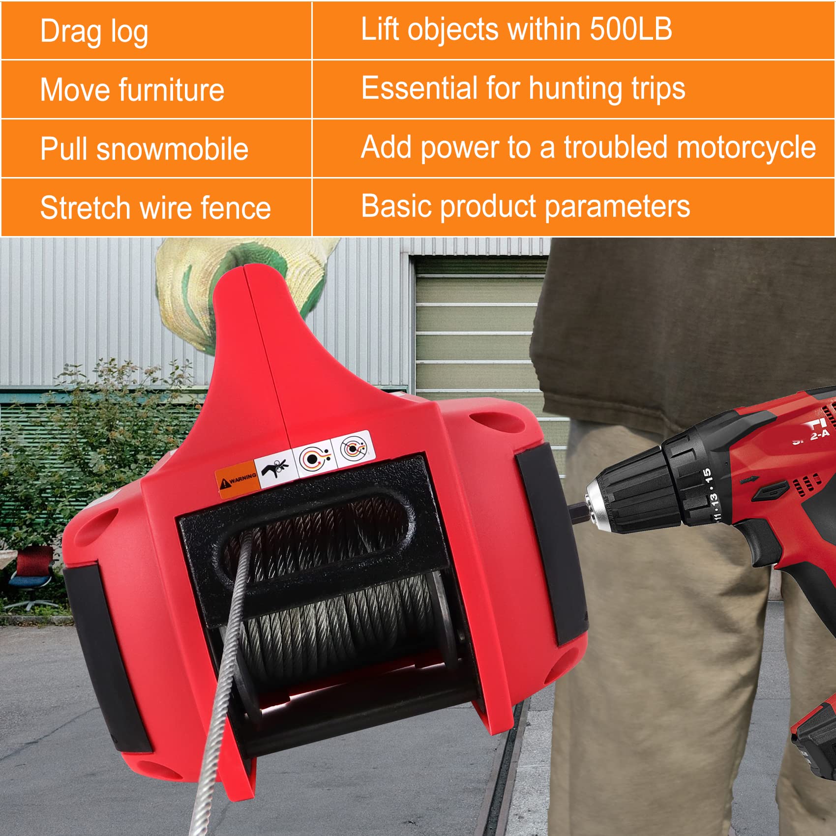 750 LB Capacity Portable Drill Winch - 360° Rotating Hook with 40ft Alloy Wire Rope - Handheld Winch for Lifting, Dragging, Log Handling & Wire Fence Installation - Perfect for Construction, Farm Work & Outdoor Projects